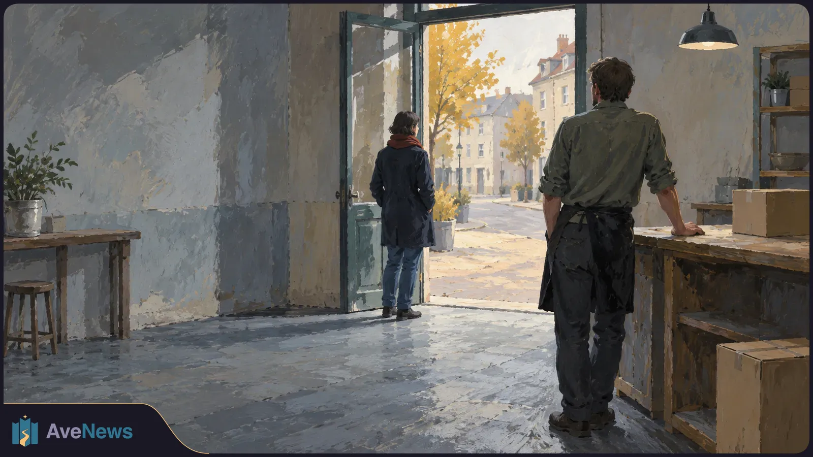 Illustration of two people in a sparse workshop, one standing by an open door to an autumn street and the other leaning against a workbench beside cardboard boxes. SI illustration