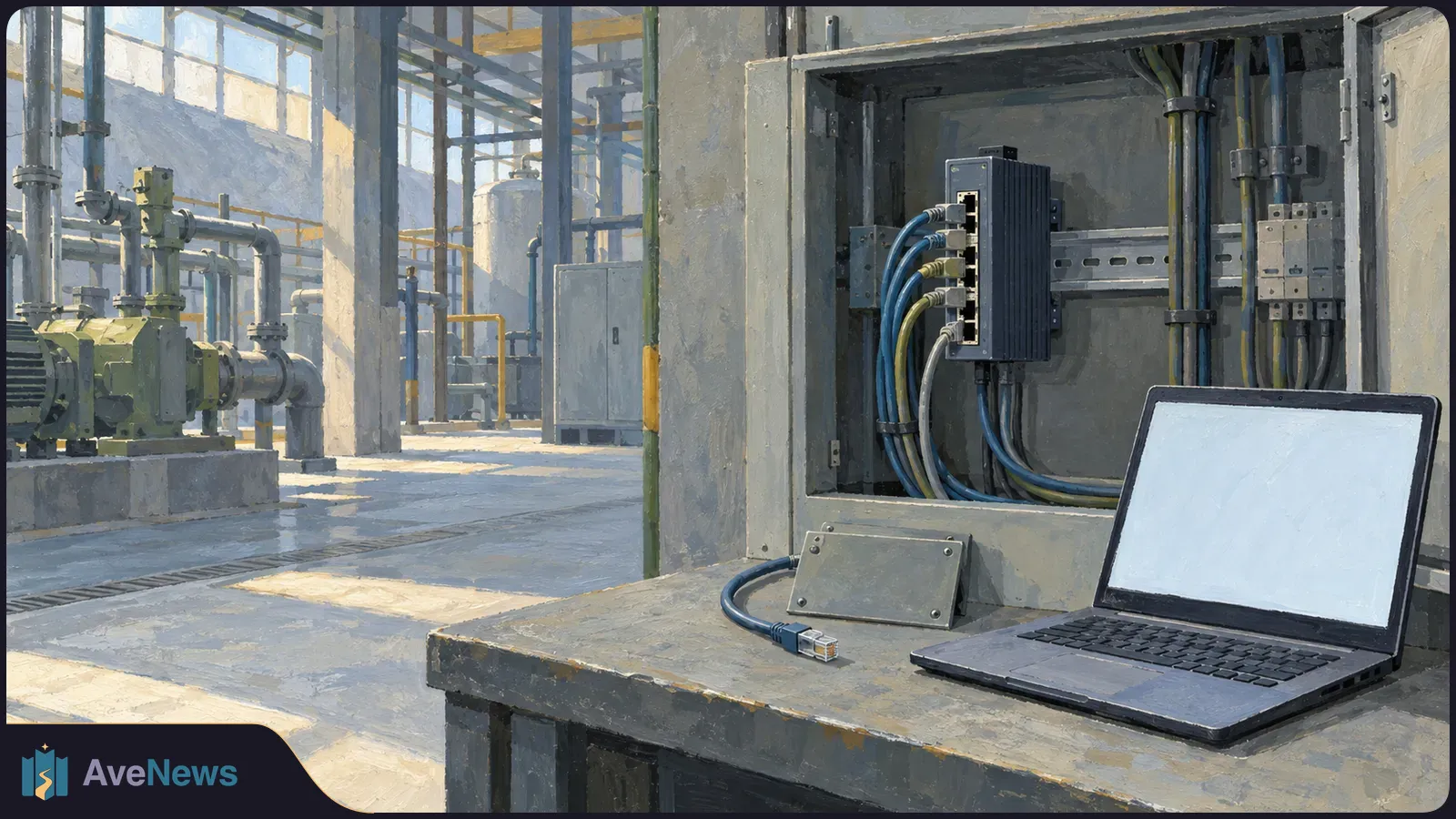 Painted industrial plant interior with an open cabinet holding a wired network switch; a laptop with a blank screen and an unplugged Ethernet cable sit beside it. SI illustration