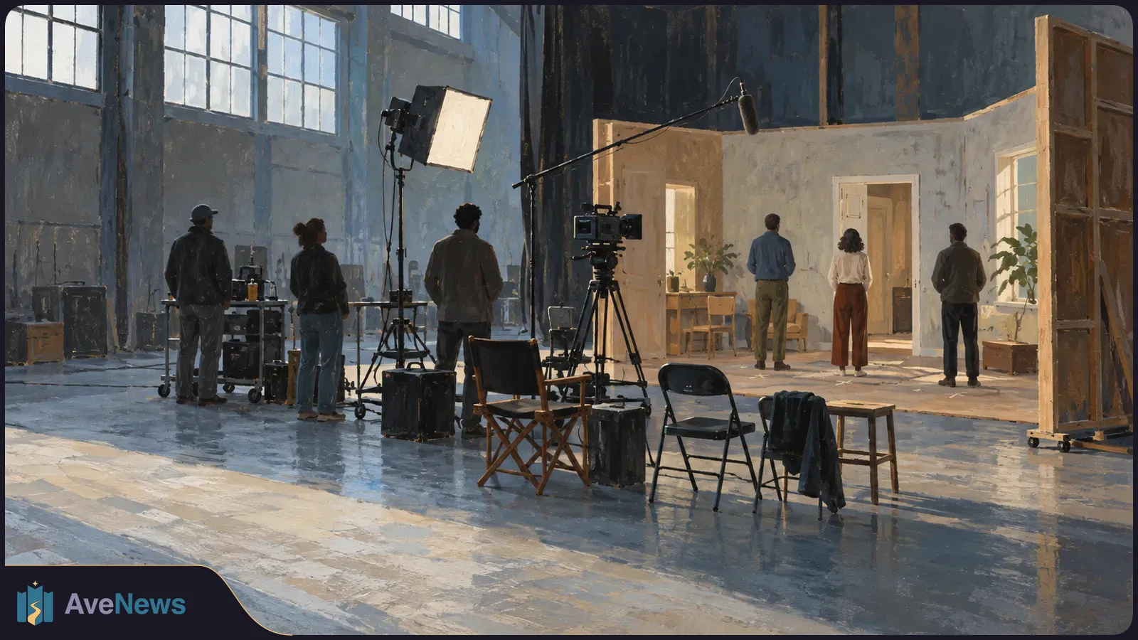 Painted view of a television production set in a large studio, with a camera, lighting and sound equipment facing three people on a staged interior. SI illustration