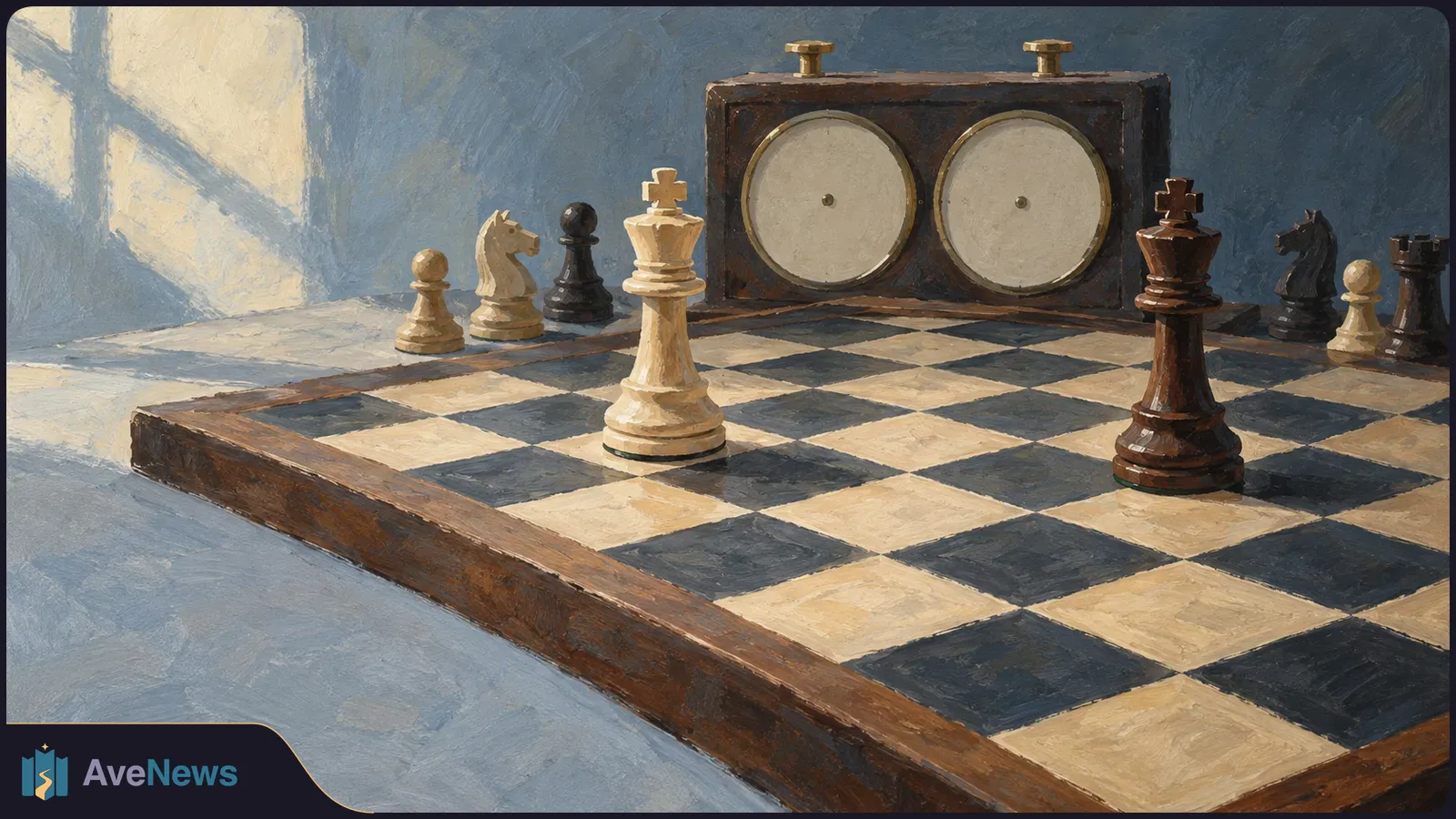 Painterly illustration of white and dark chess pieces on a board, with a two-dial chess clock behind them and sunlight falling across the scene. SI illustration
