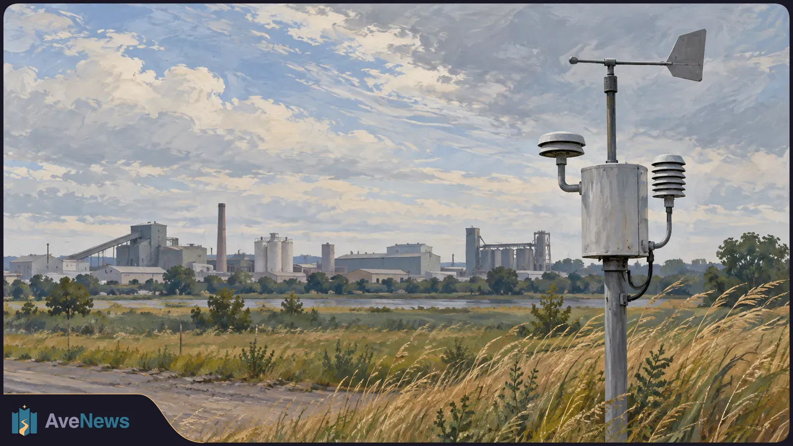 Painted scene of a monitoring mast with a wind vane and sensors in tall grass, with industrial buildings and a smokestack across a field under a cloudy sky. SI illustration