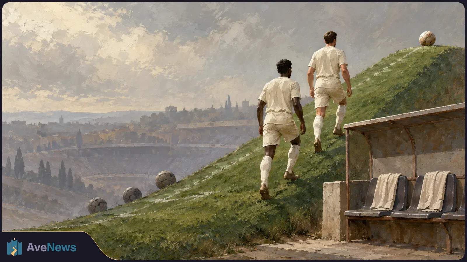 Painterly scene of two footballers in plain white kits walking up a grassy slope past several footballs, with a bench and distant stadium behind them. SI illustration