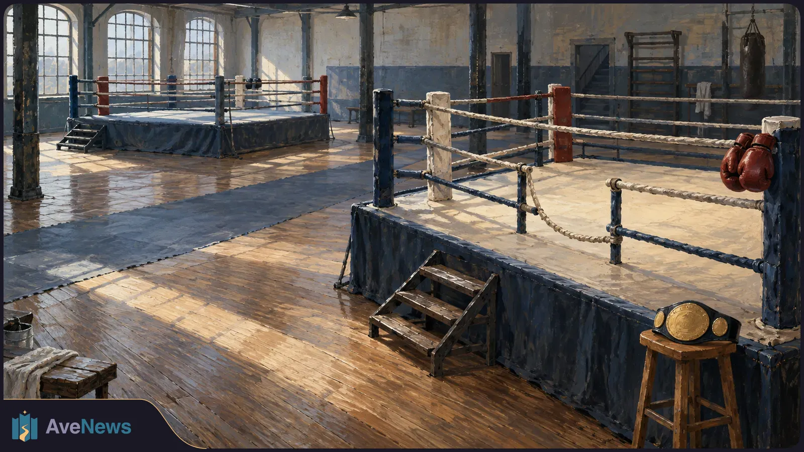 Illustration of two empty boxing rings in a sunlit gym, with red gloves hanging from the nearer ring and a championship belt resting on a stool. SI illustration