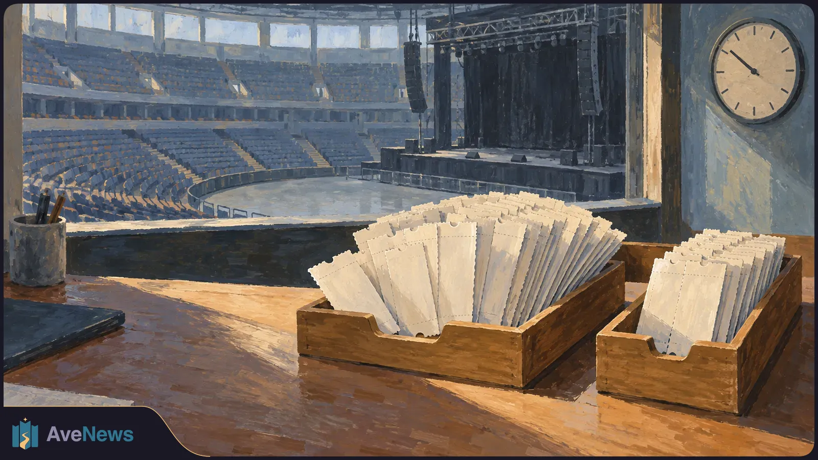 Two wooden trays of blank tickets sit on a desk overlooking an empty indoor arena and stage, with a clock on the wall. SI illustration