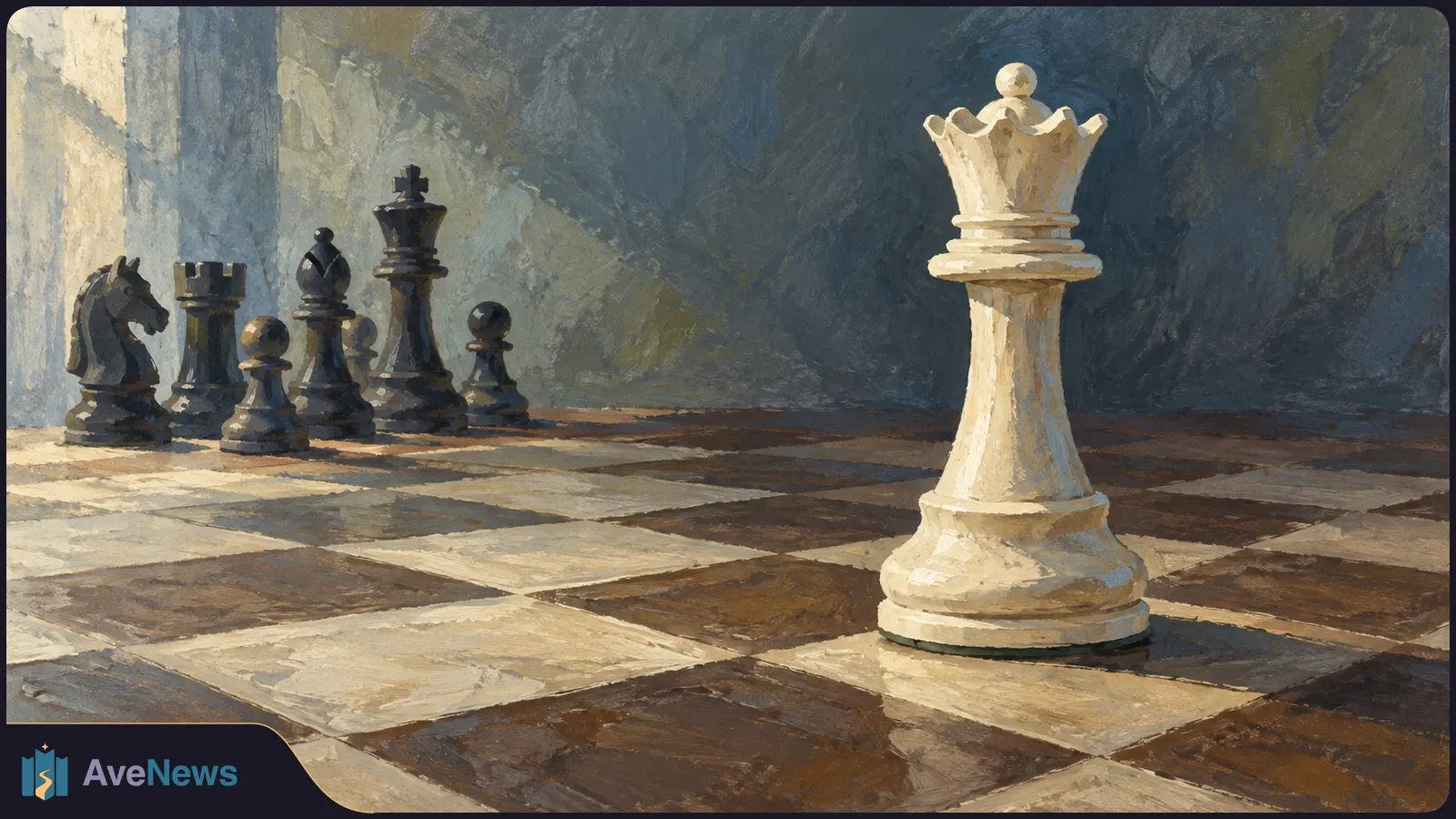 Painted chessboard with a large white queen in the foreground and several black pieces grouped in the background. SI illustration