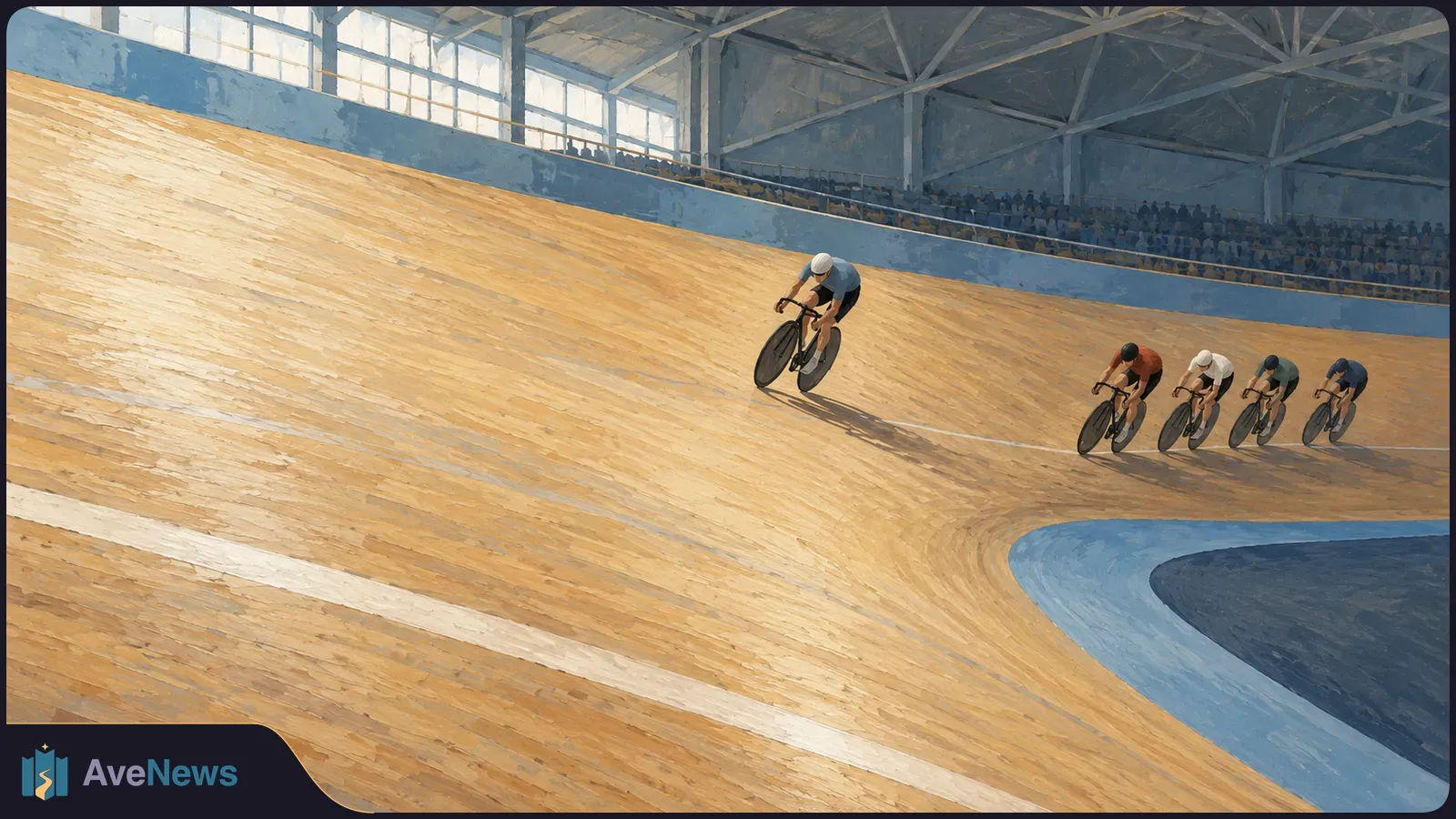 Painted scene of five cyclists riding around a steep wooden indoor track, one ahead of four others, with spectators in the background. SI illustration