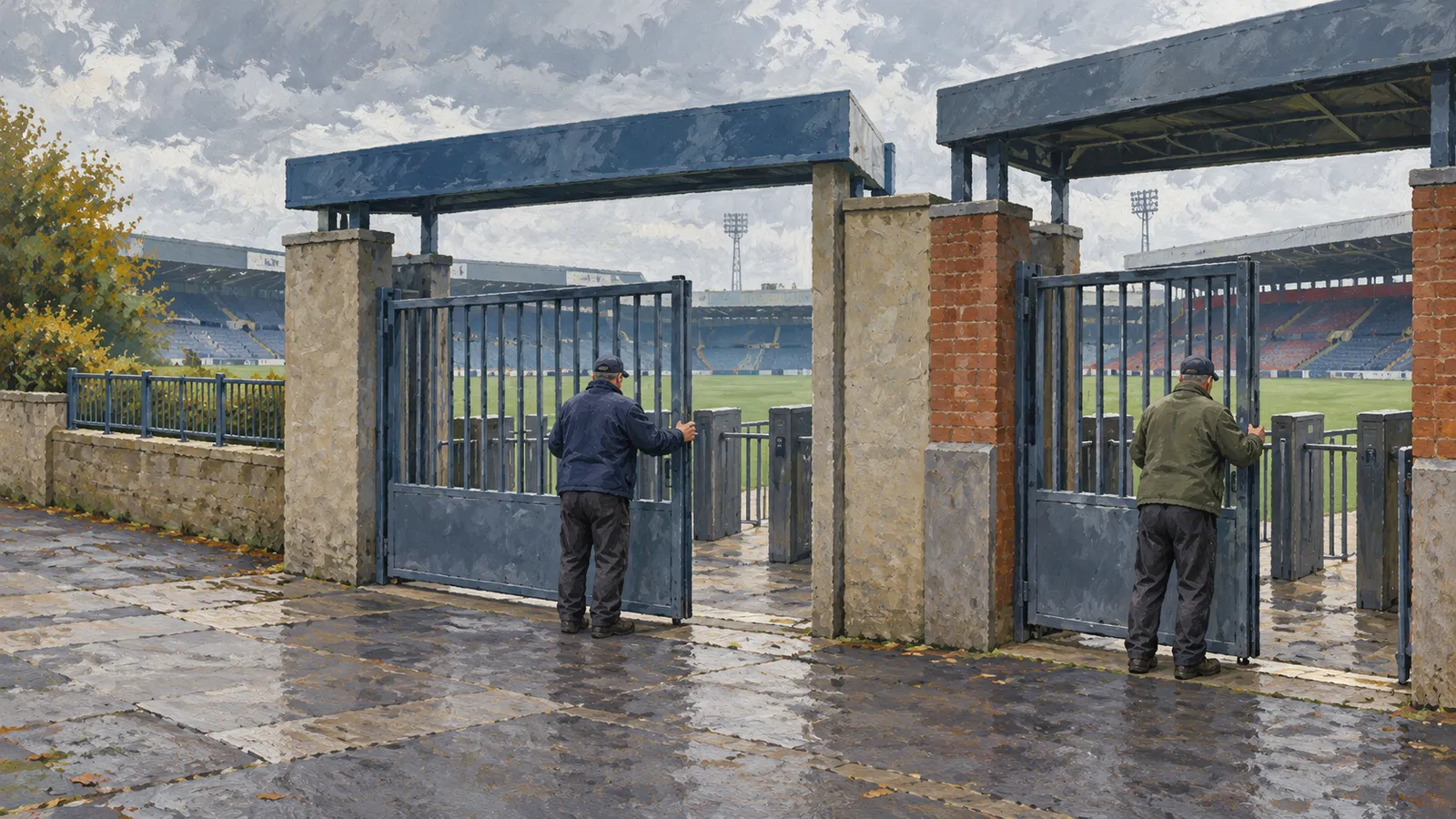 Two men stand at metal gates outside an empty football stadium, with a green pitch and seating visible beyond. SI illustration