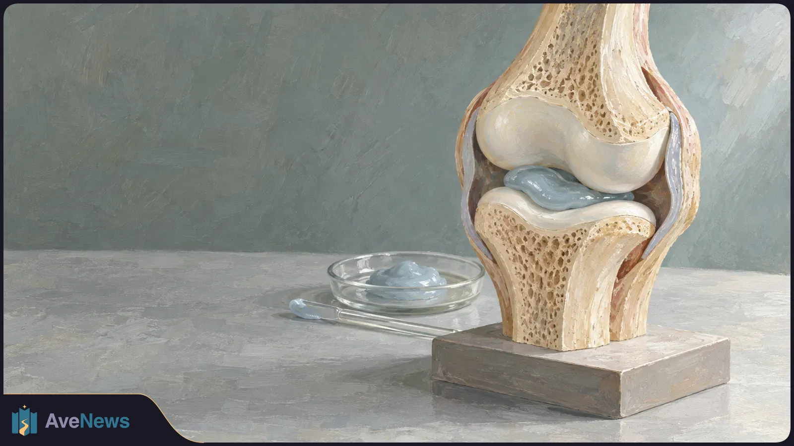 Painted cutaway of a knee joint with blue gel between the bones. A glass dish of gel and a small applicator sit beside it. SI illustration