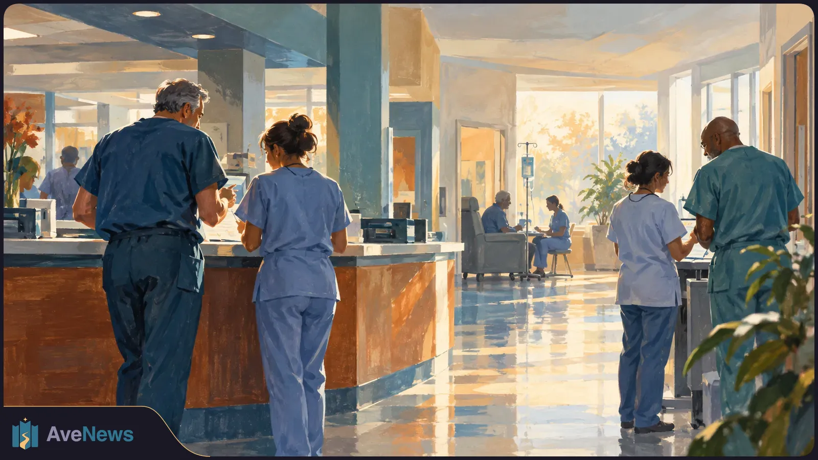 Painterly hospital scene with staff in scrubs beside a curved reception desk; two people sit near an IV stand in the sunlit background. SI illustration