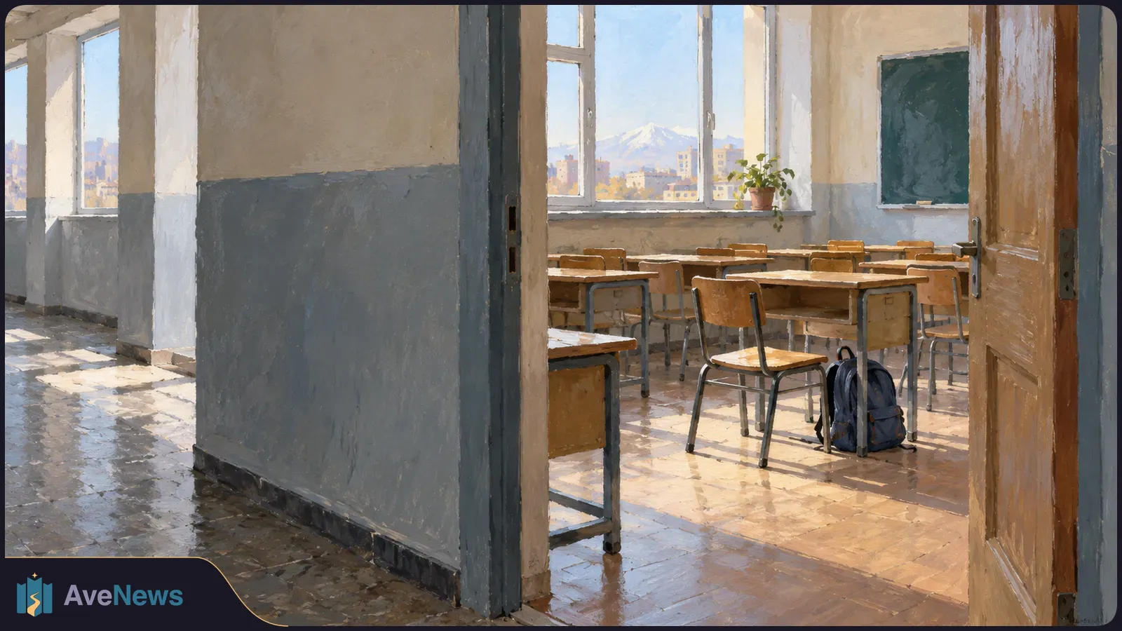 A painted view through an open door into an empty classroom with wooden desks, a backpack on the floor, a chalkboard and sunlit windows overlooking a city and mountains. SI illustration