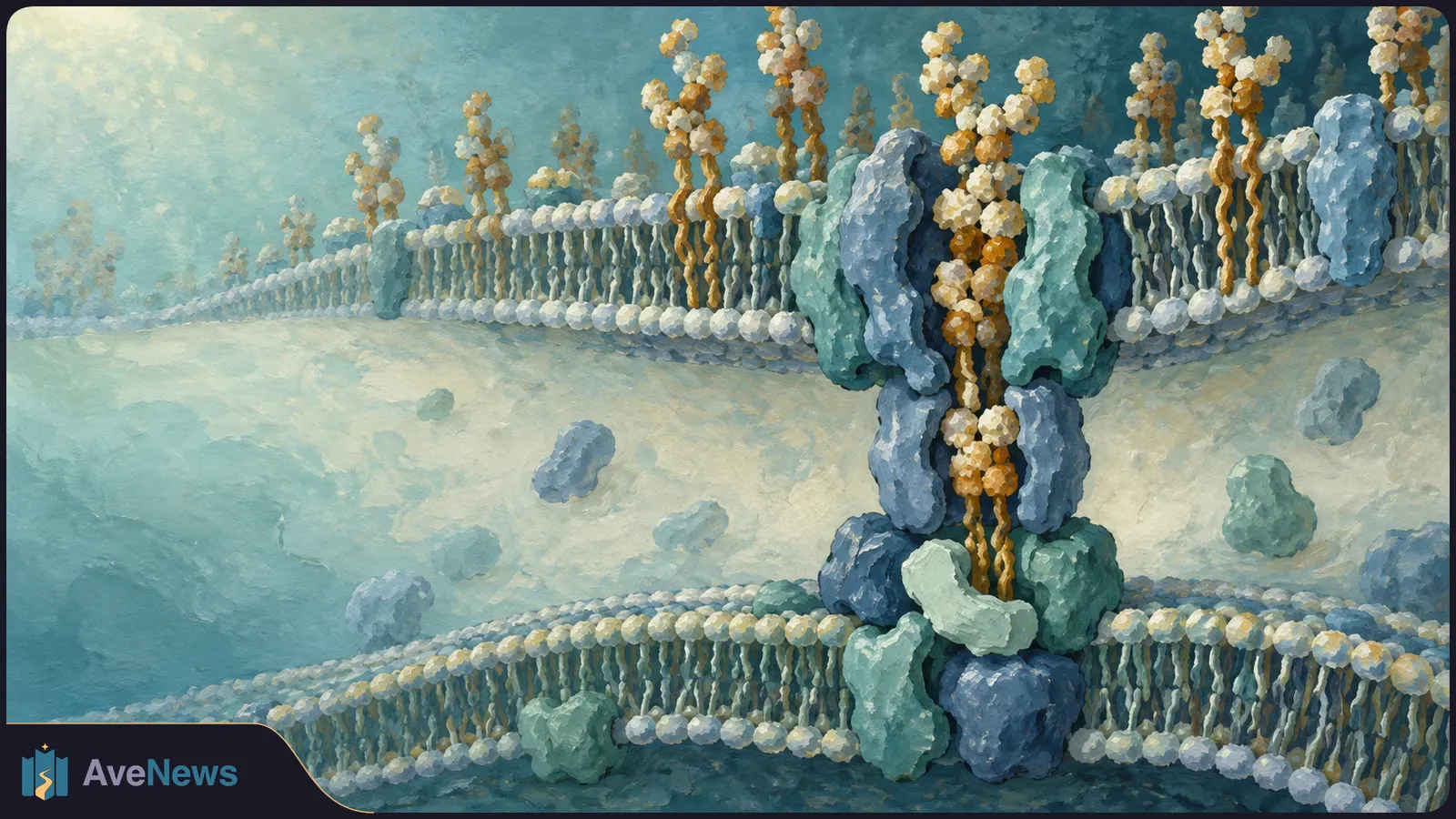 Painted illustration of two curved, bead-lined membranes joined by a blue-green protein bridge, with golden molecular chains running through it. SI illustration