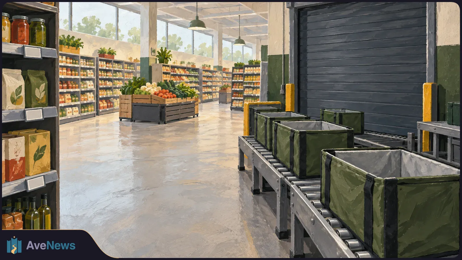 Painted supermarket interior with stocked shelves and a produce display; green bins sit on a roller conveyor beside a closed shutter. SI illustration