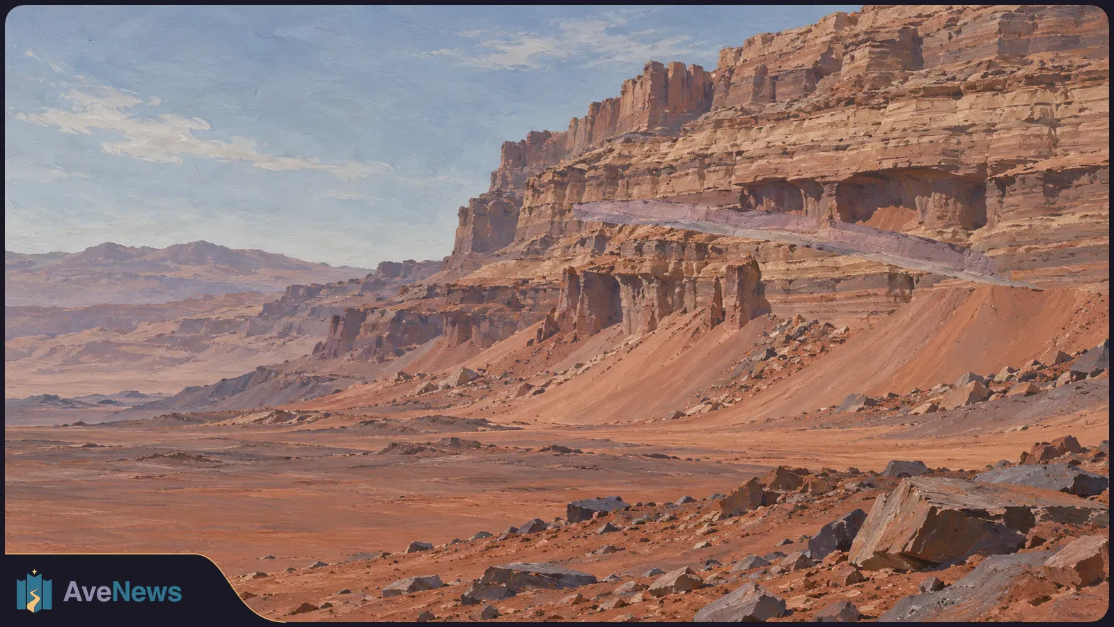 A wide, painterly view of reddish desert cliffs, with a pale sloping rock layer crossing the cliff face and scattered boulders in the foreground. SI illustration