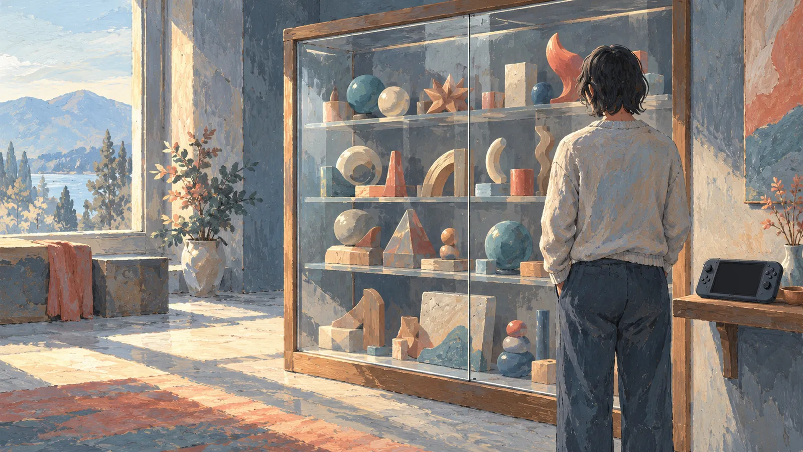 A person stands before a glass cabinet of colorful geometric objects in a sunlit room. A handheld game device rests on a shelf nearby, with mountains visible through a window. SI illustration