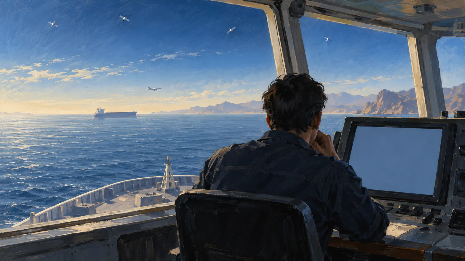 Illustration of a person at a ship’s controls looking out over the sea toward a cargo ship and mountainous coast, with an aircraft and satellites in the sky. SI illustration