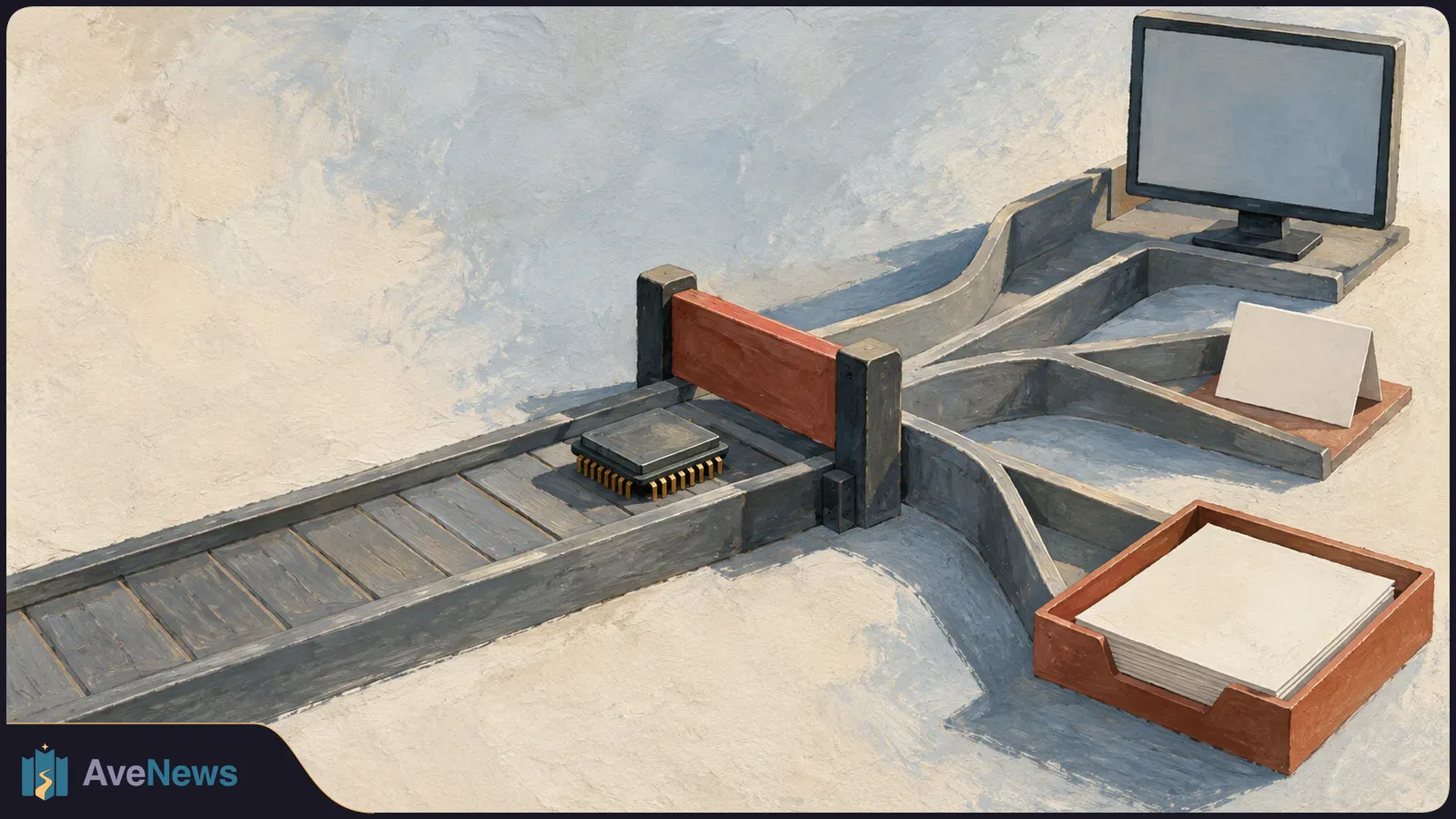 Painted illustration of a microchip stopped at a red barrier on a conveyor, with branching paths leading to a blank monitor and stacks of unmarked paper. SI illustration