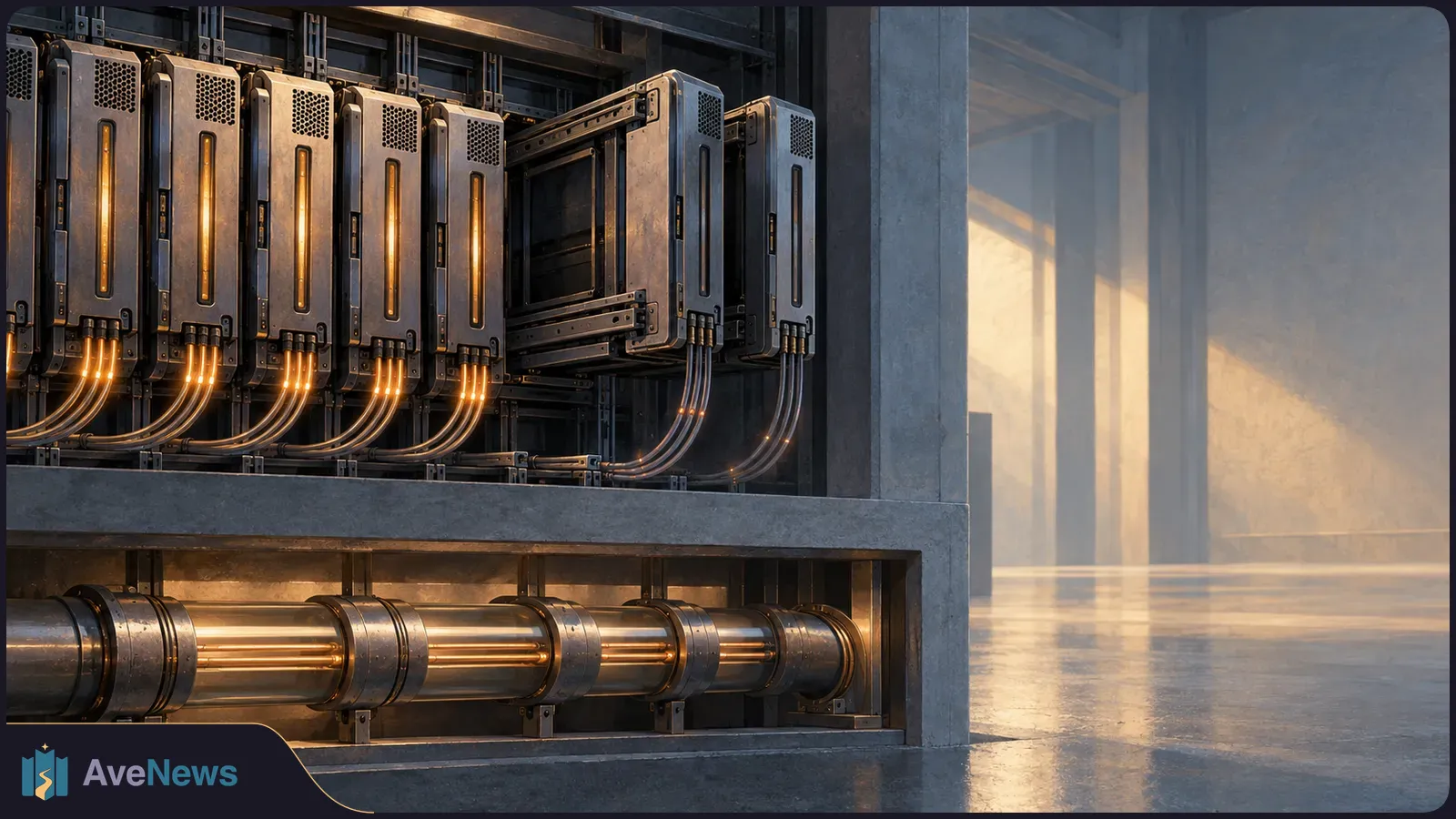 Metal server-like modules with amber lights and cables sit above a glowing pipe in a spacious industrial room. SI illustration
