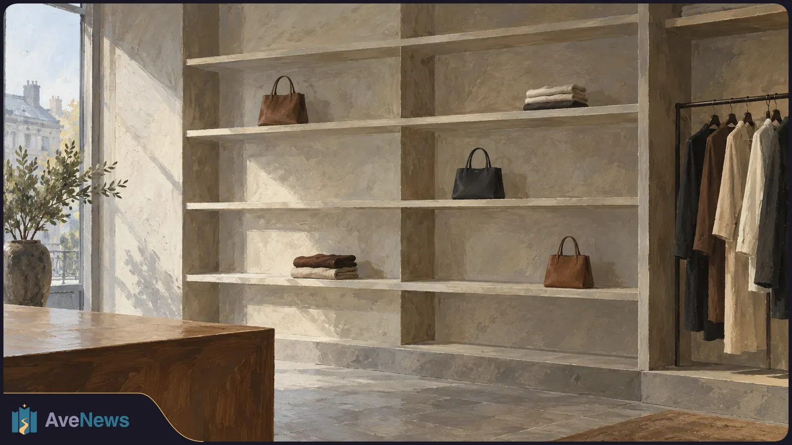 Painted boutique interior with unbranded handbags and folded garments on shelves, clothes on a rack, and daylight through a tall window. SI illustration