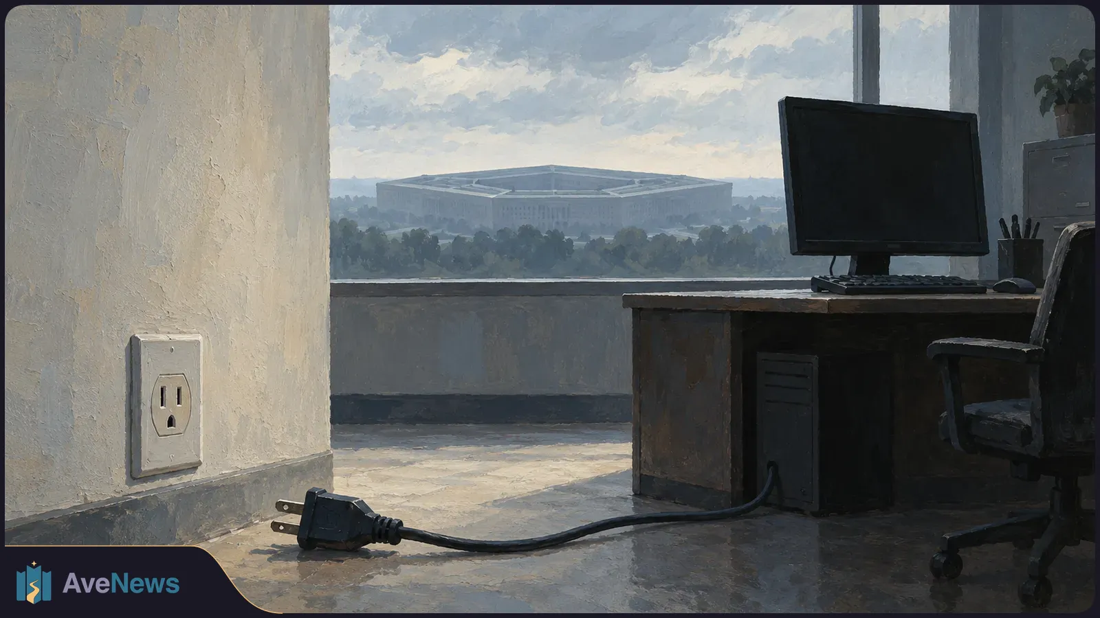 In a painted office, a loose power plug lies beside a wall outlet. A blank monitor sits on a desk, with the Pentagon visible through the window. SI illustration