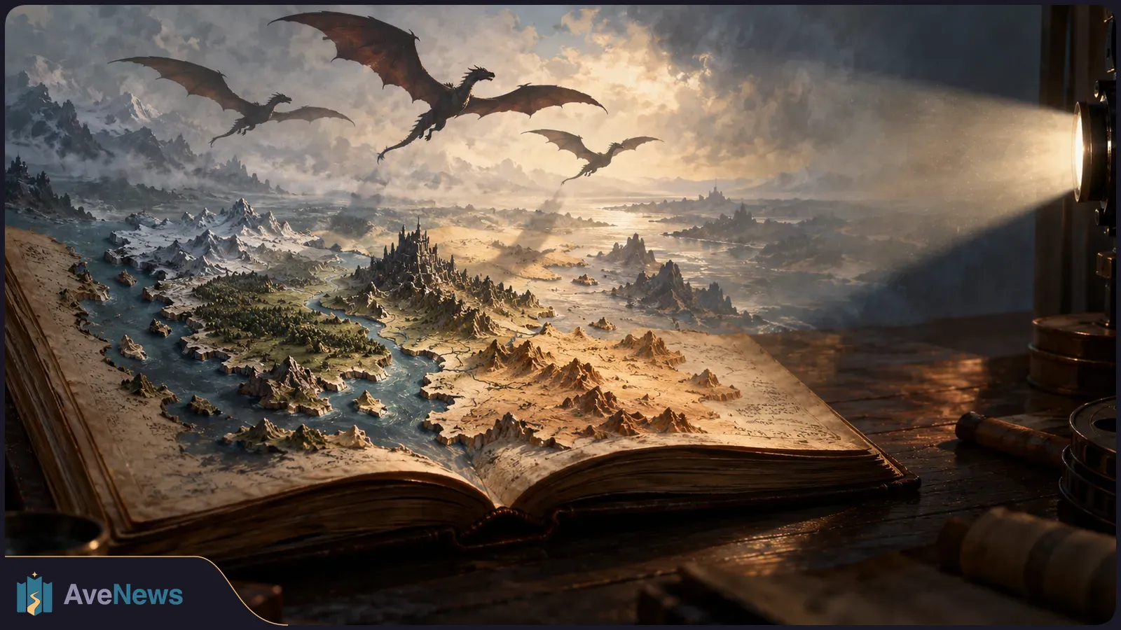 An open book shows a fantasy map of mountains, waterways and a castle, while three dragons fly above it in a beam of light. SI illustration