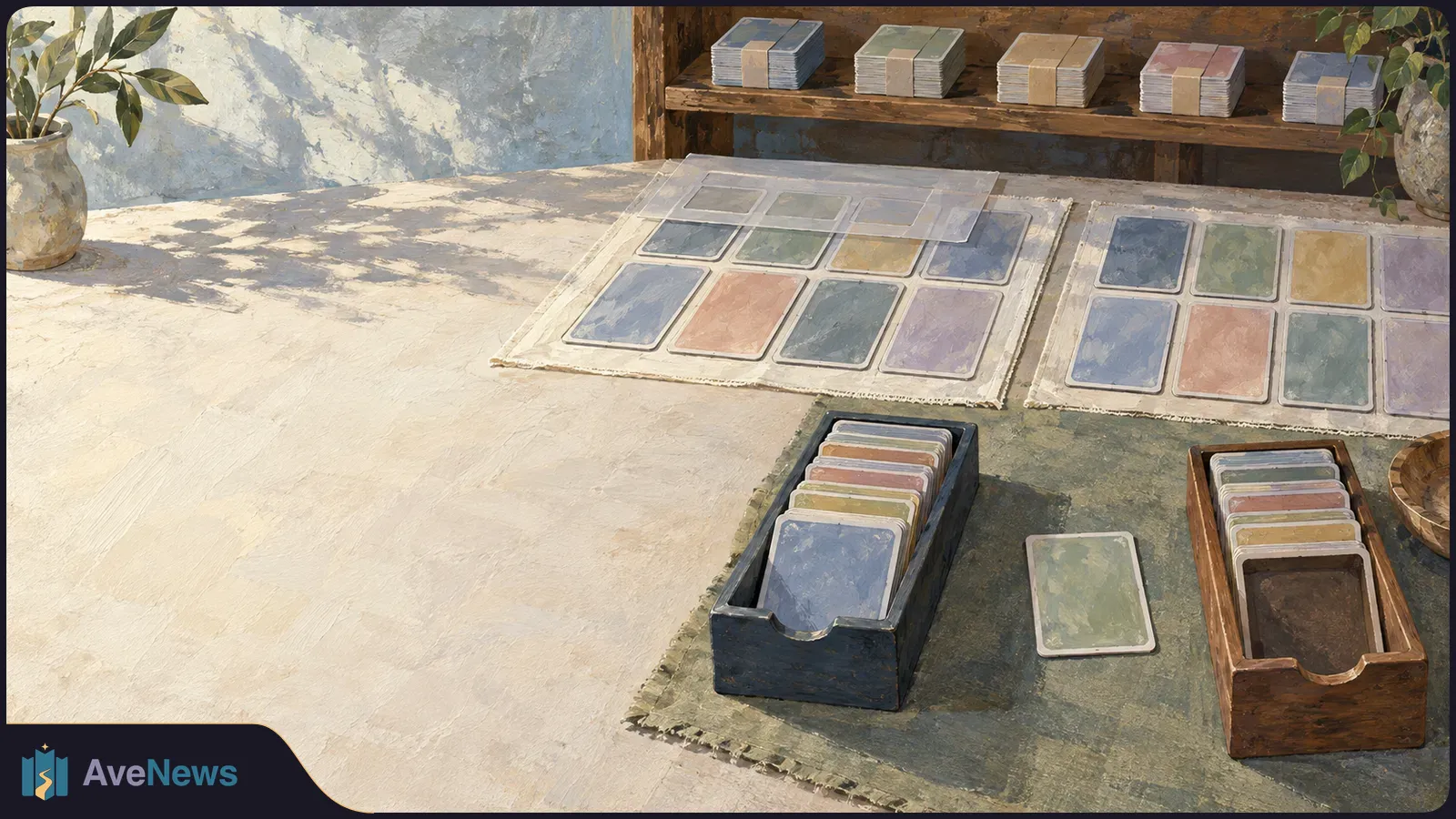 Painterly scene of blank, pastel-colored trading cards laid out in display sheets, with more cards in two boxes and stacks on a shelf. SI illustration