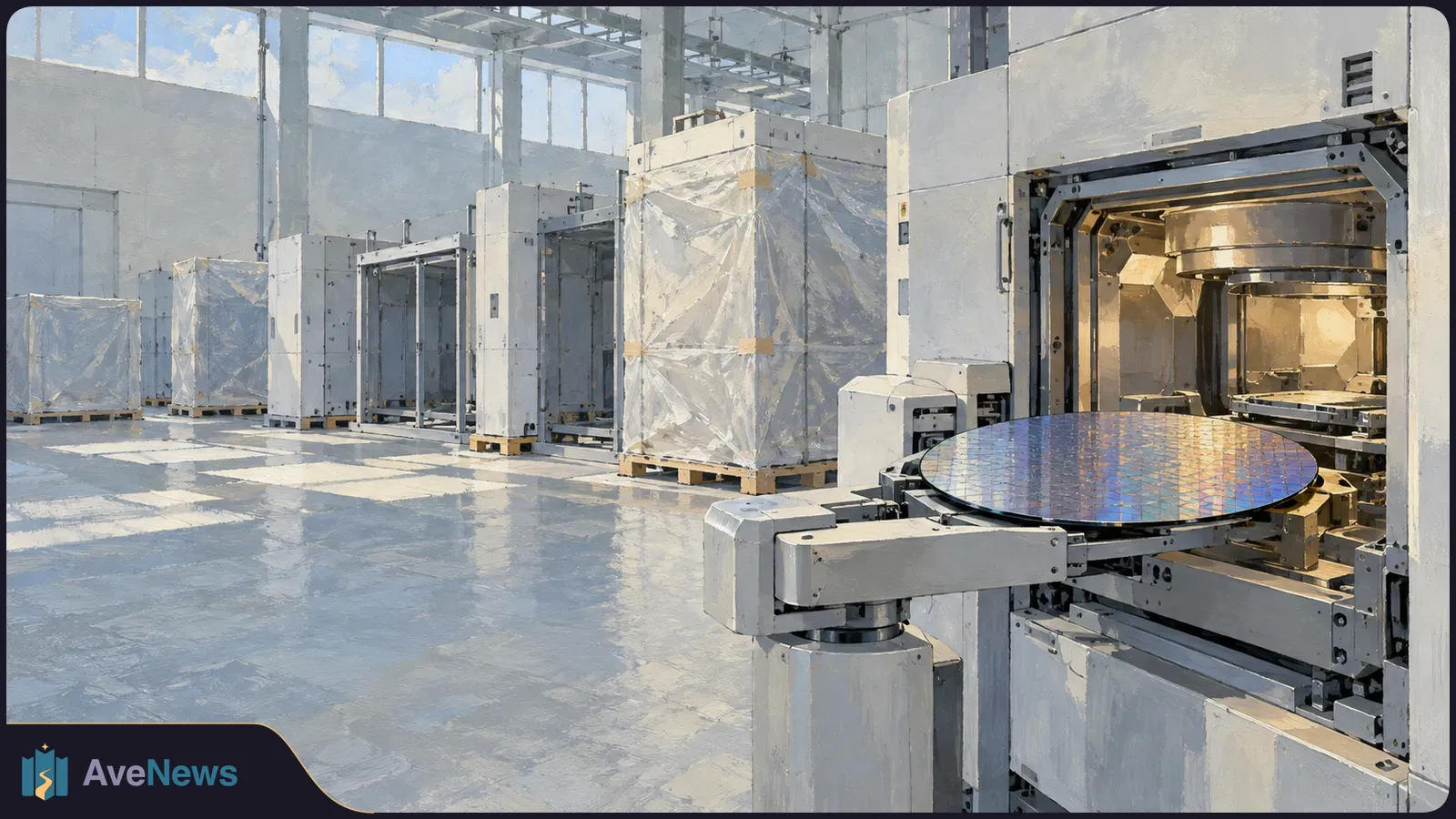 A painted view of a bright chip-factory interior, with a large silicon wafer on a machine tray and rows of equipment behind it. SI illustration