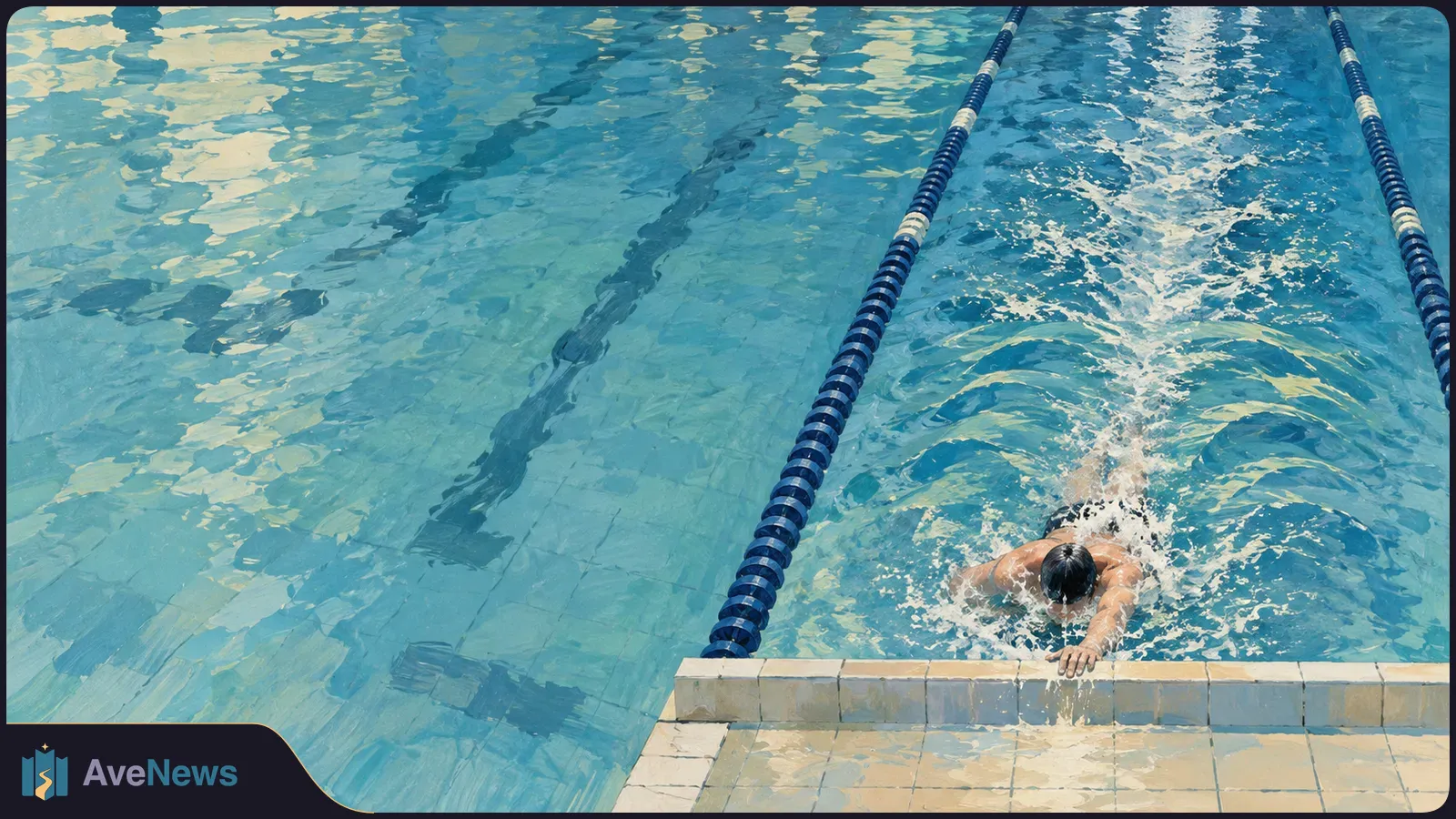 Painterly overhead view of a swimmer reaching the edge of a blue pool between lane ropes, with splashing water and empty lanes beside them. SI illustration
