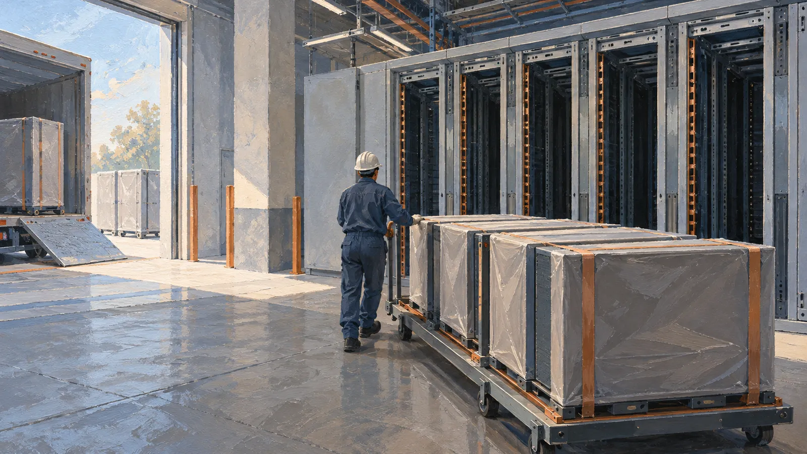 A worker in a hard hat moves a cart of wrapped equipment past rows of tall racks, with a truck at the loading bay. SI illustration