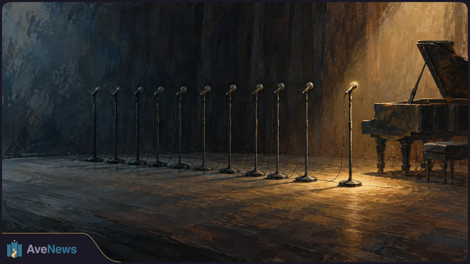 On a dark, empty stage, a row of microphones leads to one in a spotlight beside an open grand piano and bench. SI illustration