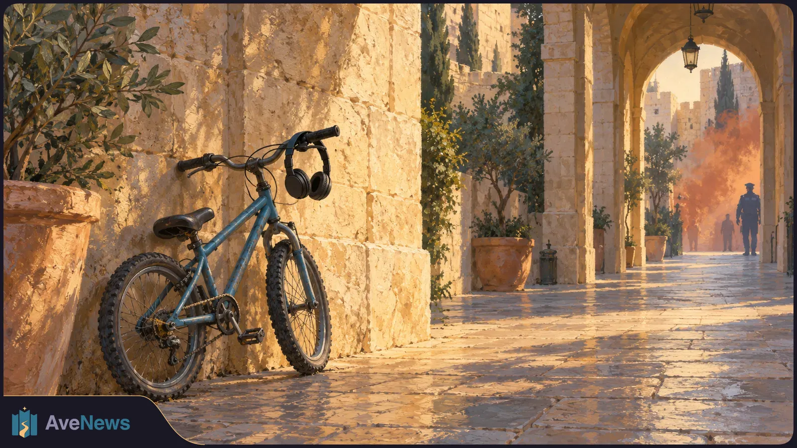 A blue bicycle leans against a sunlit stone wall, with headphones hanging from its handlebar. Dark figures stand in the distance beneath an archway amid orange haze. SI illustration