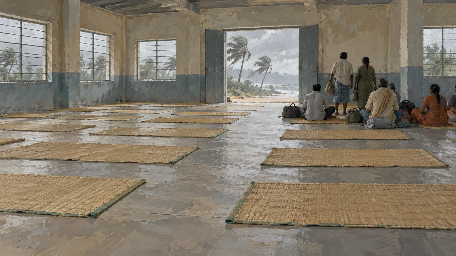 In a painted hall, people sit or stand beside bags and woven mats, facing open doors where palm trees bend in the wind near the sea. SI illustration