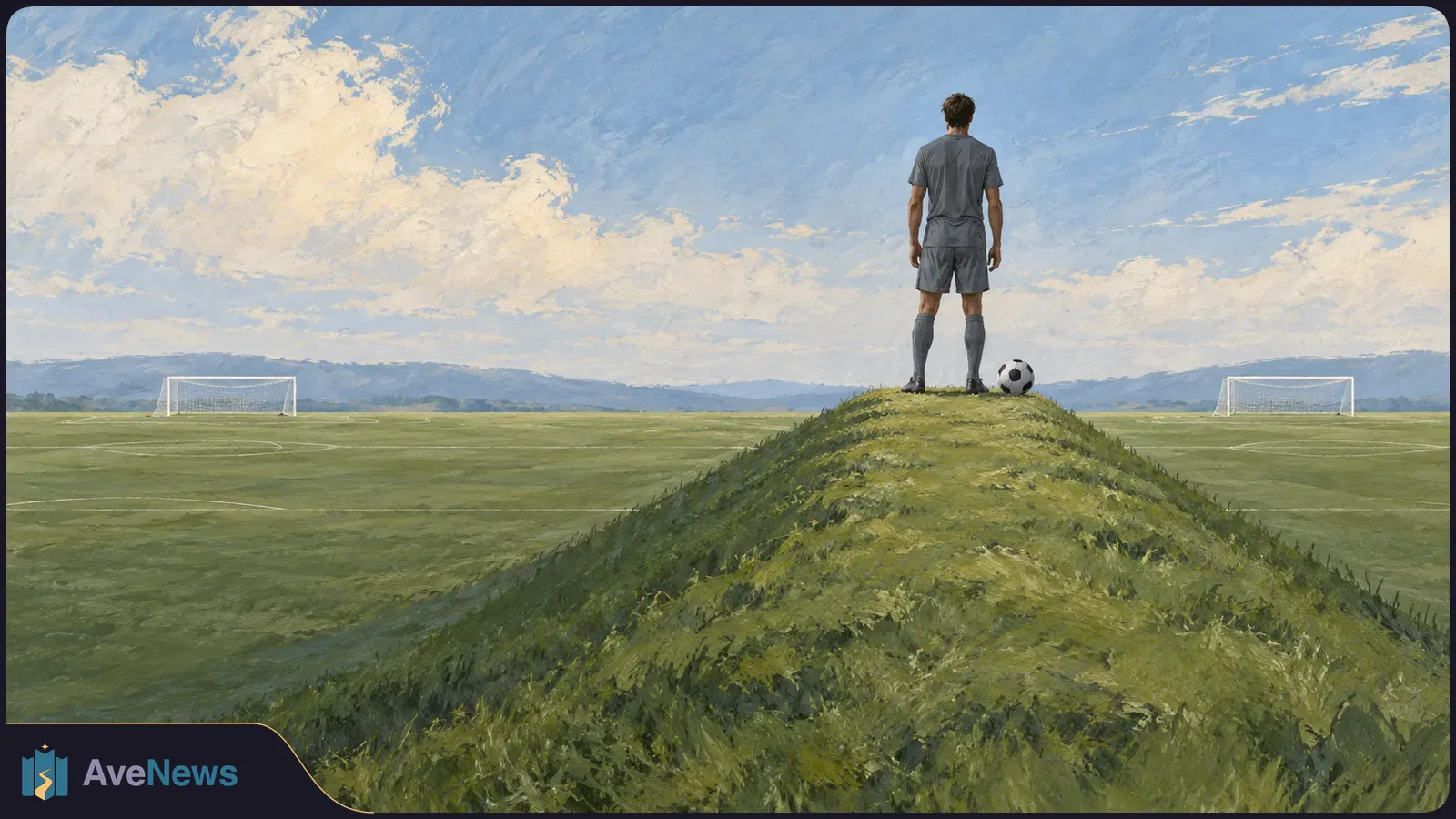 Painterly illustration of a soccer player seen from behind atop a grassy mound, with a ball beside him and two goals across an empty field under a cloudy sky. SI illustration