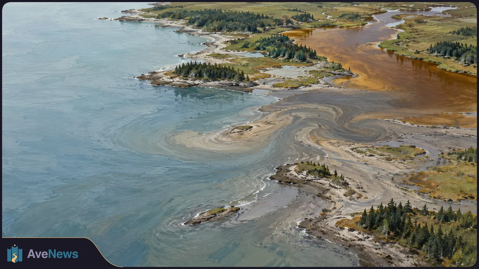 Aerial illustration of a wooded coast, with brown water and pale sediment swirls meeting blue-gray water. SI illustration
