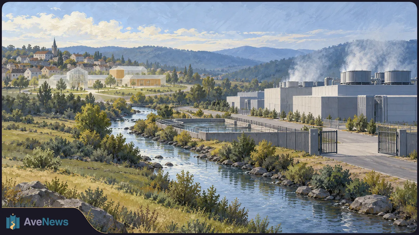 Painted landscape of a data center with steaming rooftop units and a fenced basin beside a stream; glass buildings and a hillside town stand beyond. SI illustration