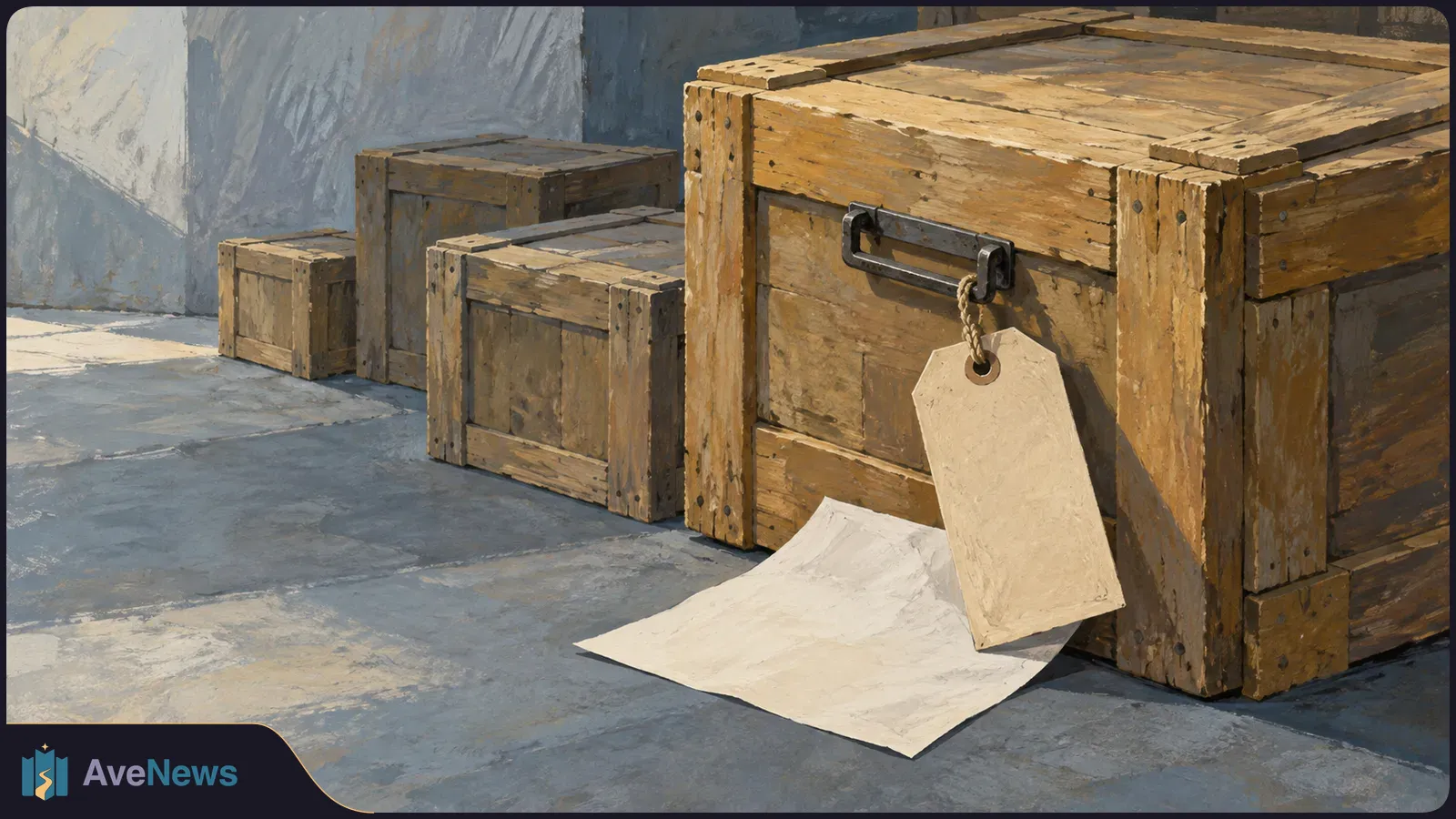 Illustration of four wooden crates on a stone floor. A blank tag hangs from the handle of the largest crate, with a sheet of paper lying beneath it. SI illustration