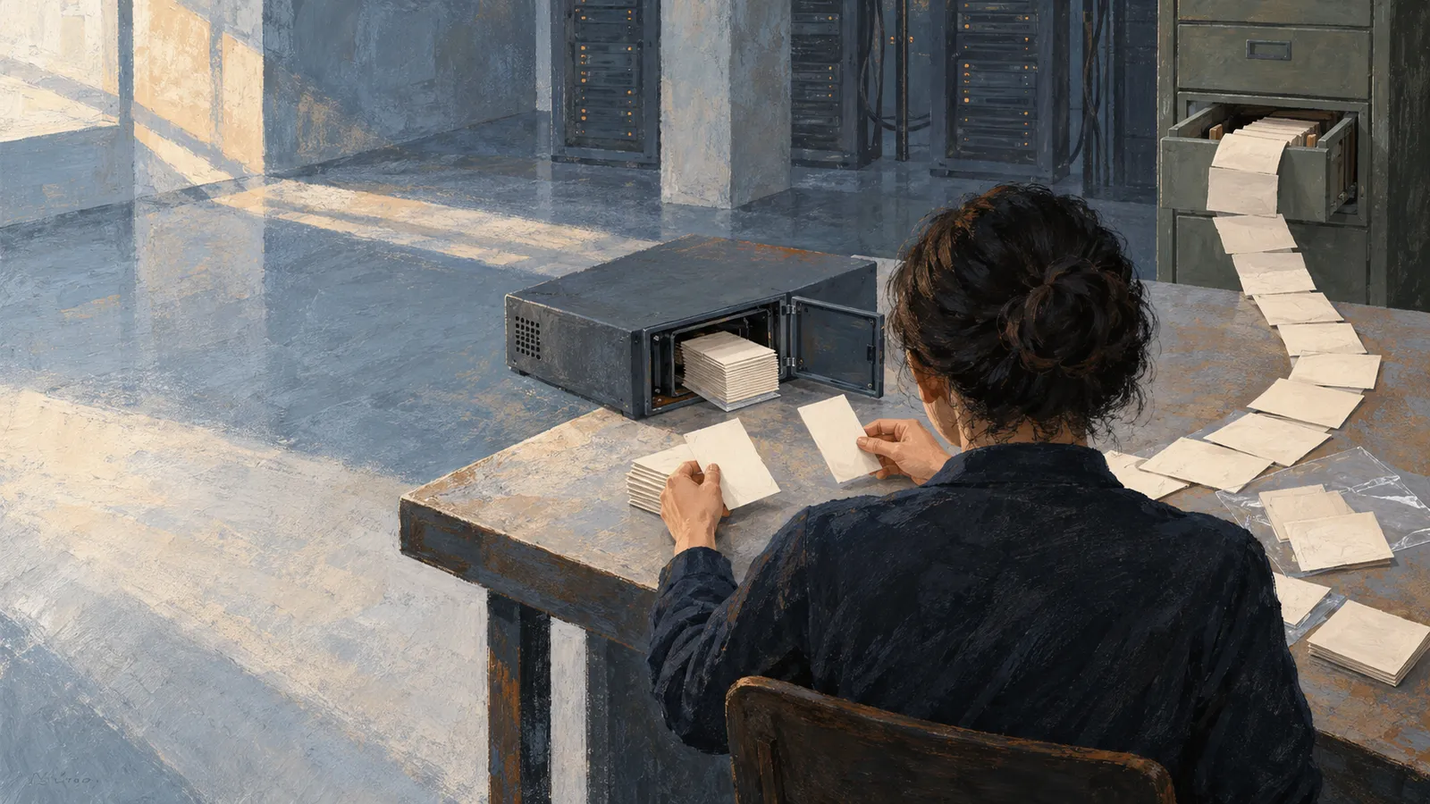 A person sorts blank cards at a table beside an open metal box, with server racks and a filing cabinet in the background. SI illustration