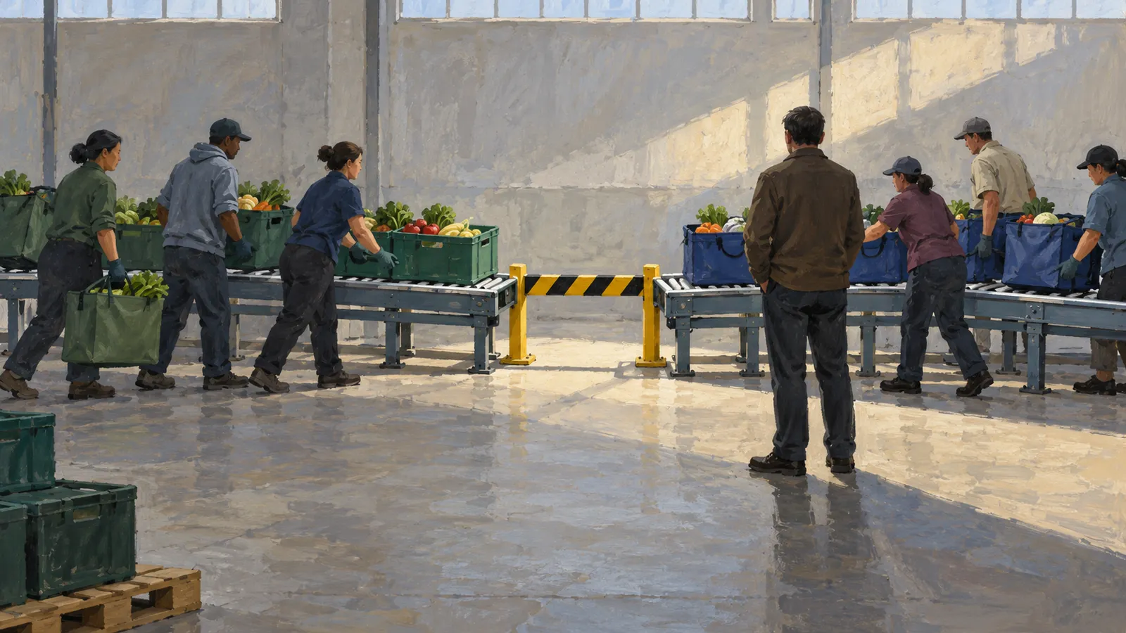 Illustration of workers handling crates and bags of produce on two conveyor lines, separated by a striped barrier, while a person stands in the foreground. SI illustration