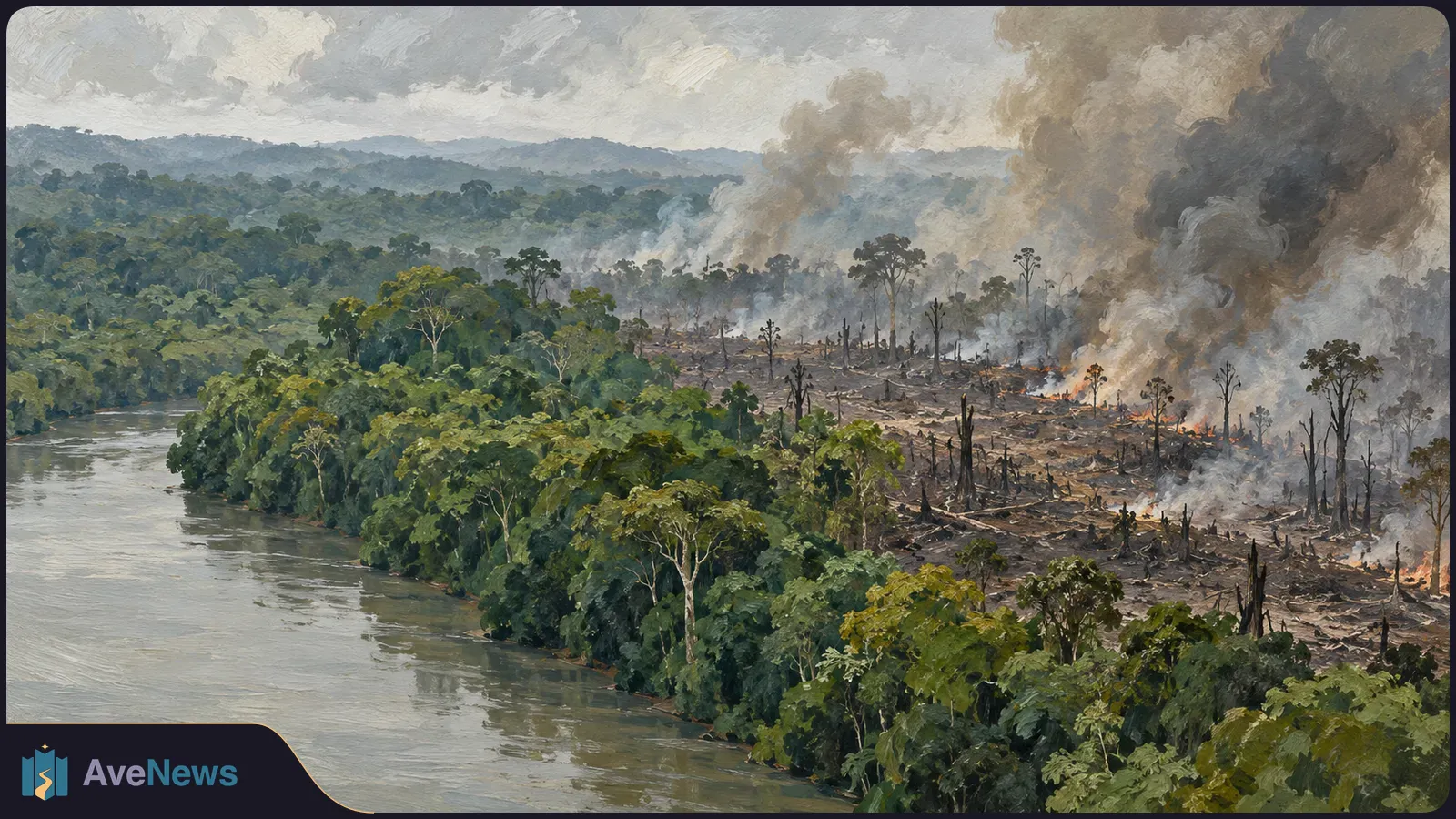 A painted aerial view of a river beside dense forest; beyond the trees, flames burn across a cleared area beneath thick plumes of smoke. SI illustration