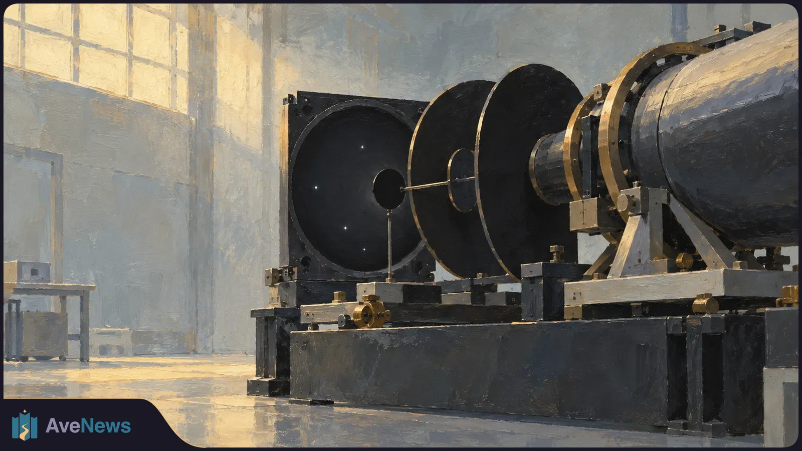 Painted illustration of a large cylindrical optical instrument in a sunlit room, facing dark circular discs and an aperture dotted with a few star-like lights. SI illustration