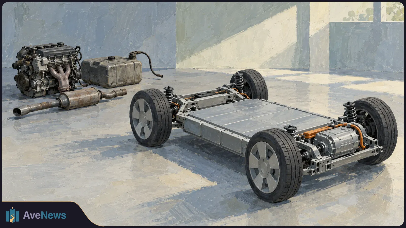 Painted illustration of a four-wheeled electric vehicle chassis with a large battery pack on the right, and a detached engine, fuel tank and exhaust on the left. SI illustration