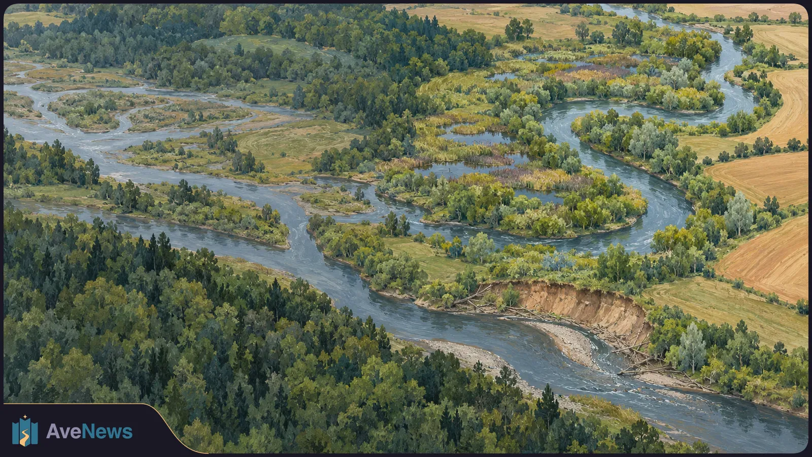 A painted aerial view of a winding river branching around wooded islands and wetlands, with fields beyond and an exposed, eroded bank in the foreground. SI illustration