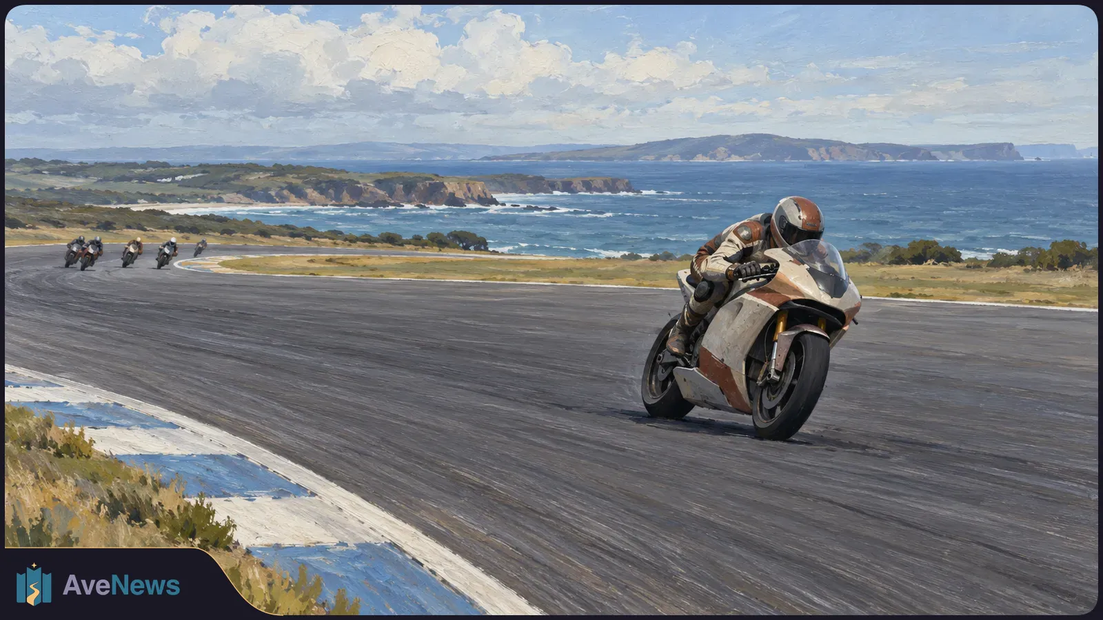 A helmeted rider leans into a turn on a racing motorcycle, with several riders farther back on a coastal track beneath a cloudy sky. SI illustration