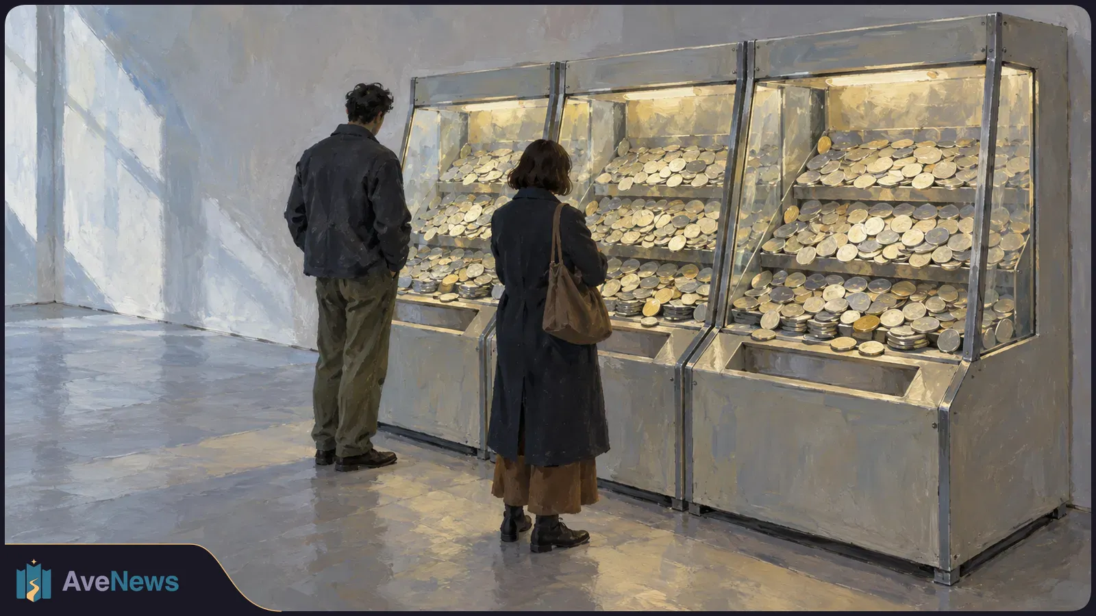 Painterly illustration of two people seen from behind looking at three glass-fronted coin-pusher machines filled with round tokens. SI illustration