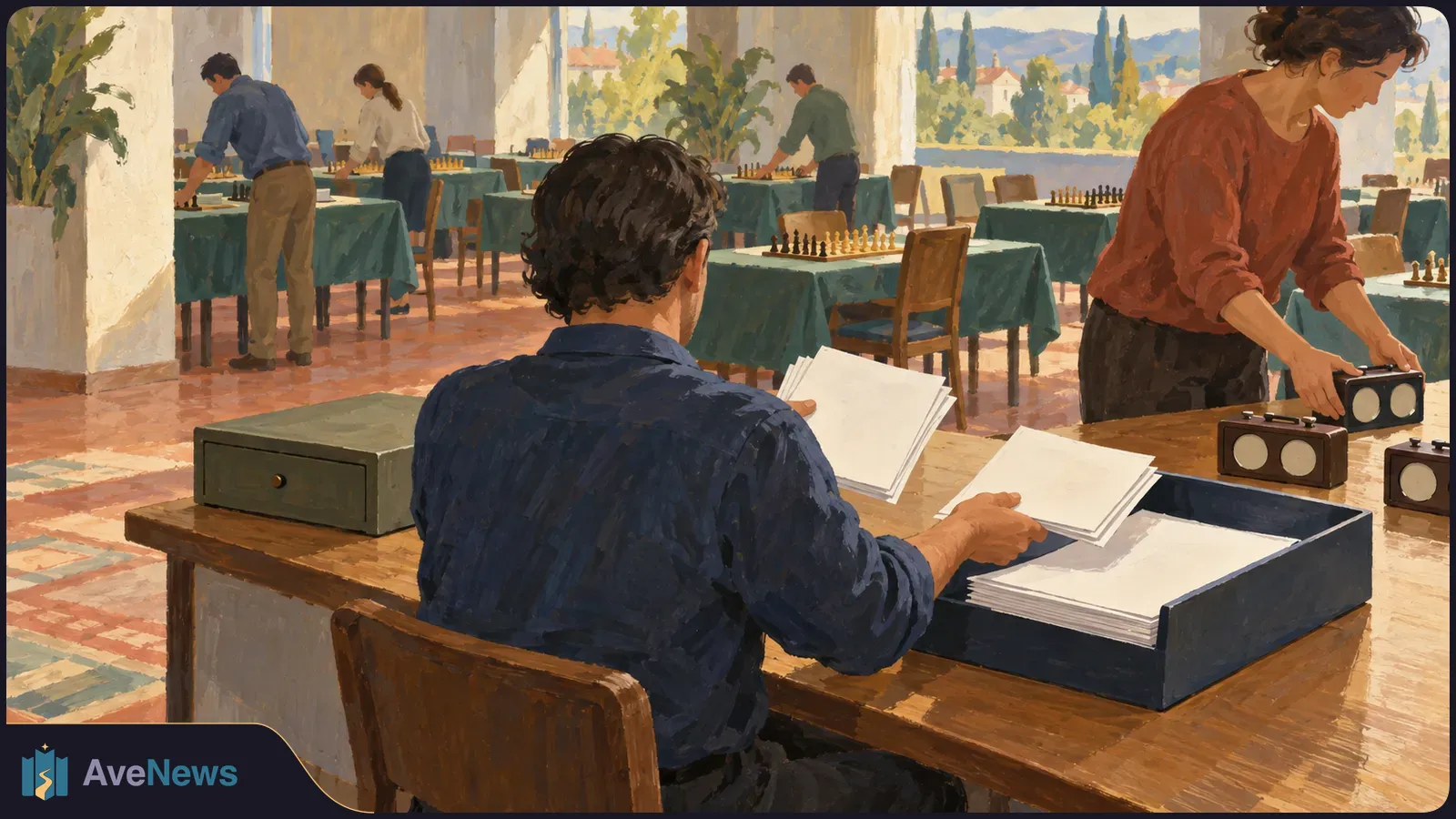Painted chess hall with people at boards; in the foreground, a seated person sorts blank papers while another handles small devices on the table. SI illustration