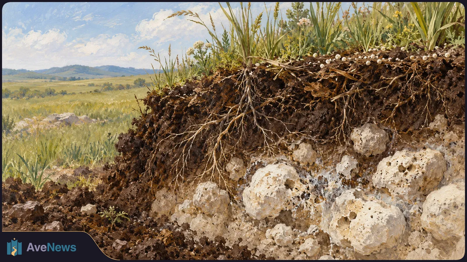 Painterly cutaway of grass and roots in dark soil above pale, porous stones, with rolling grassland and hills in the background. SI illustration