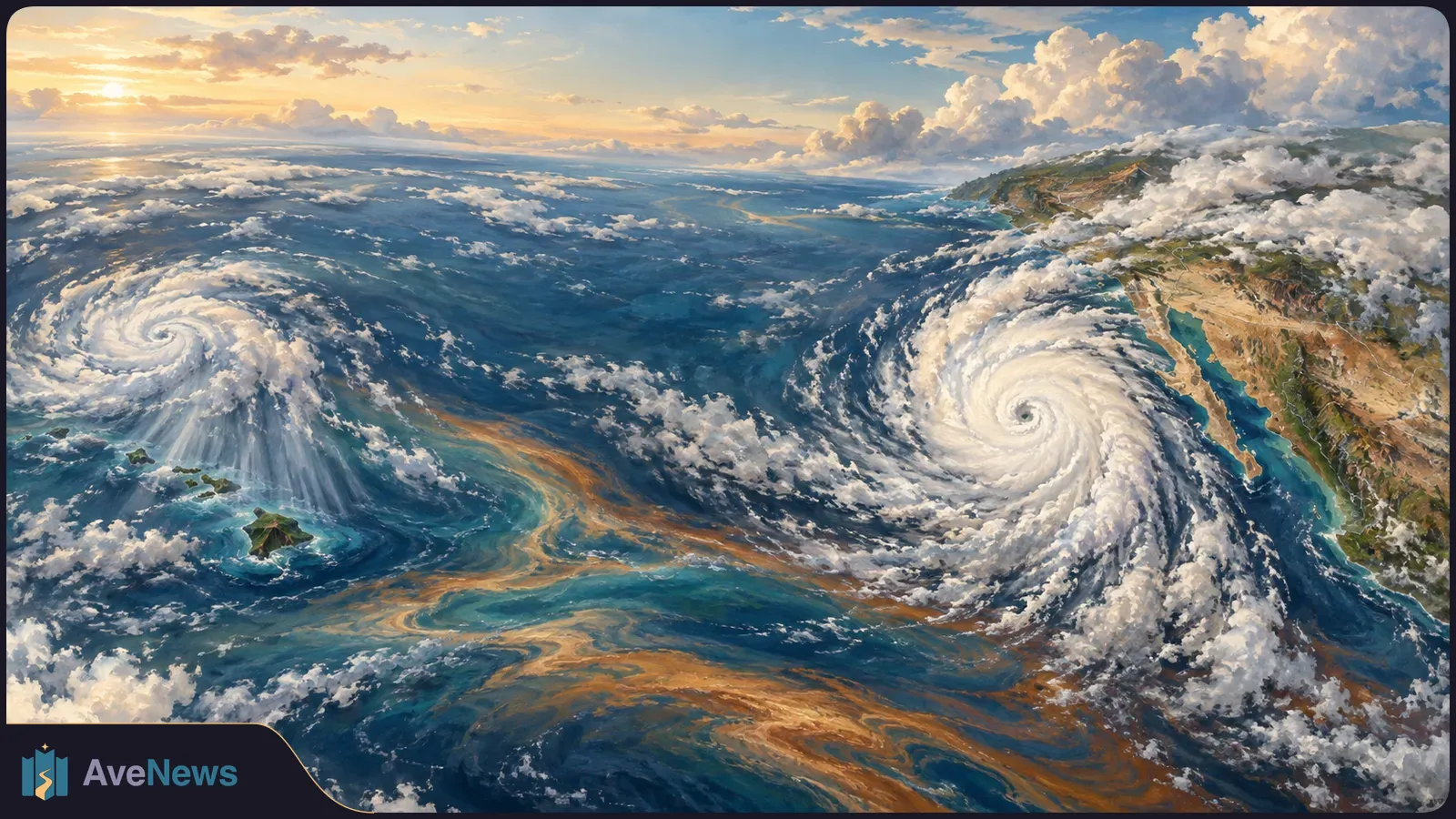 Painterly aerial view of two swirling storms over the ocean, one near small islands and one beside a desert coastline, beneath sunlit clouds. SI illustration