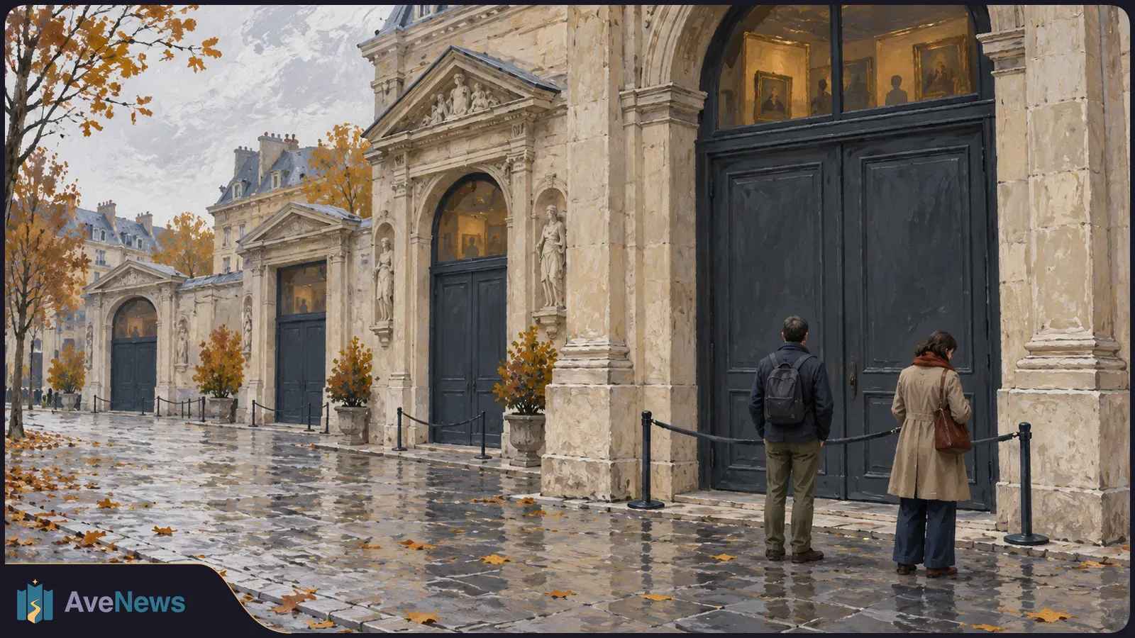 Painterly view of a stone building with several dark doors and arched entrances. Two people stand outside on wet cobblestones beneath autumn trees. SI illustration