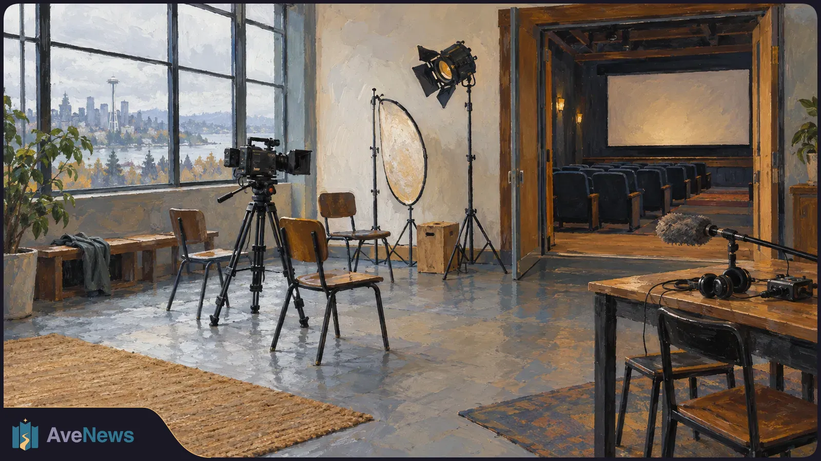 Painted film studio with a camera, lights, reflector and boom microphone. An empty screening room is beyond the doorway, and Seattle’s Space Needle is visible through the windows. SI illustration