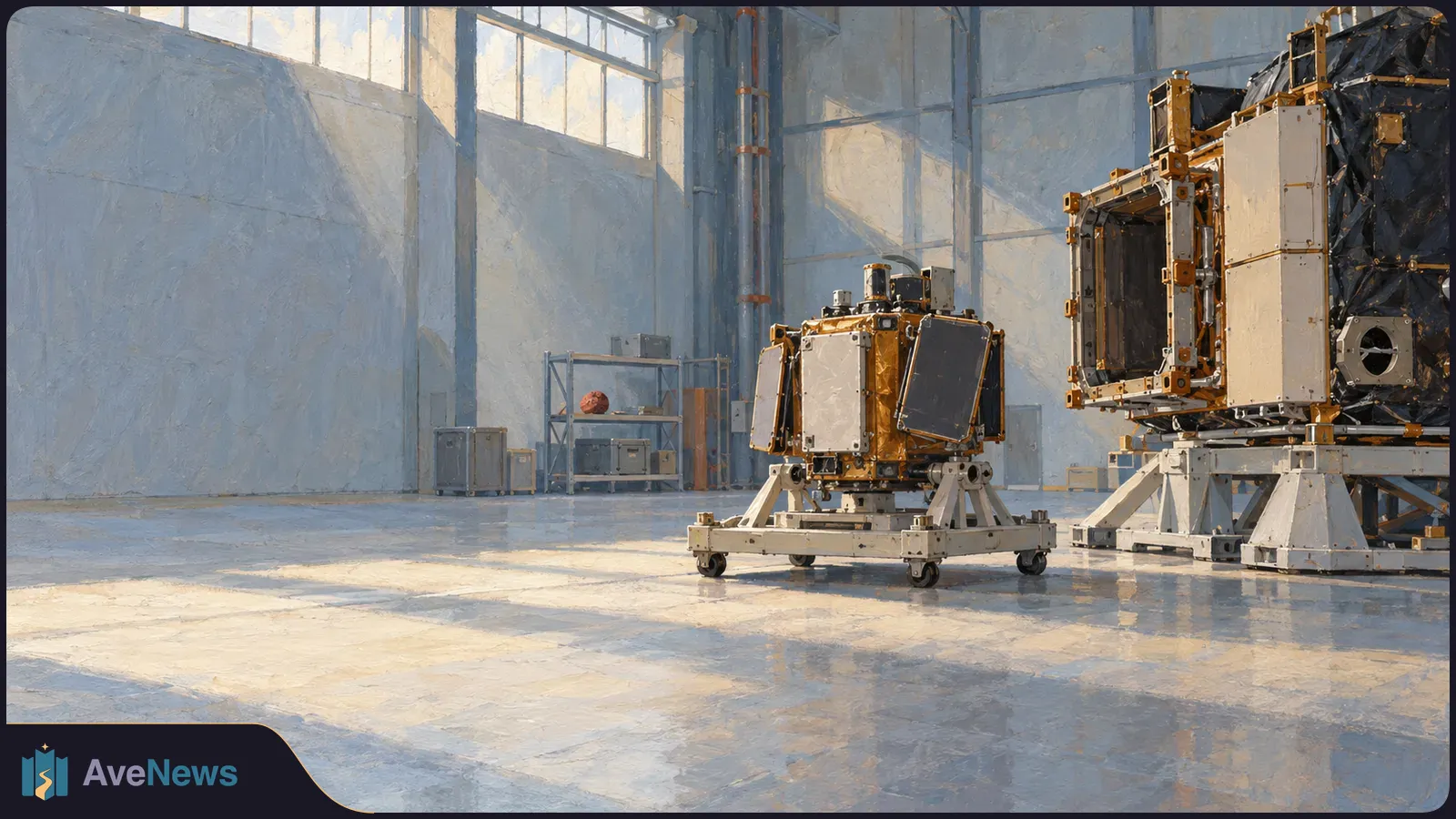 Painterly view of a small gold-and-white spacecraft module on a wheeled stand beside a larger dark spacecraft structure in a sunlit hall. SI illustration
