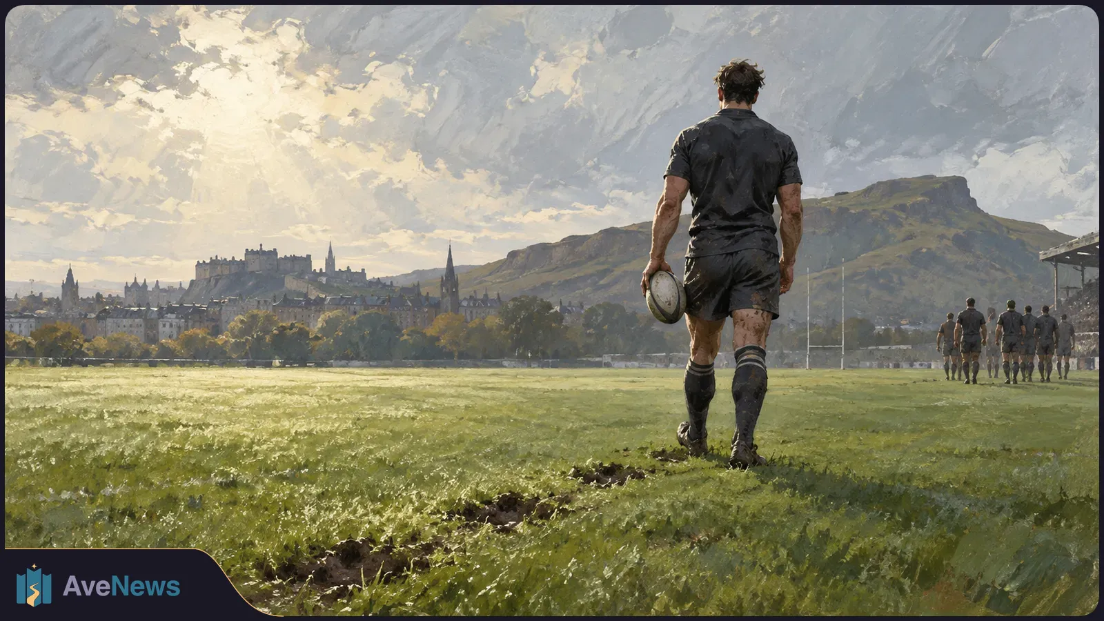 Painterly view of a rugby player holding a ball as he walks across a grassy field toward other players and goalposts, with a city skyline and hills beyond. SI illustration